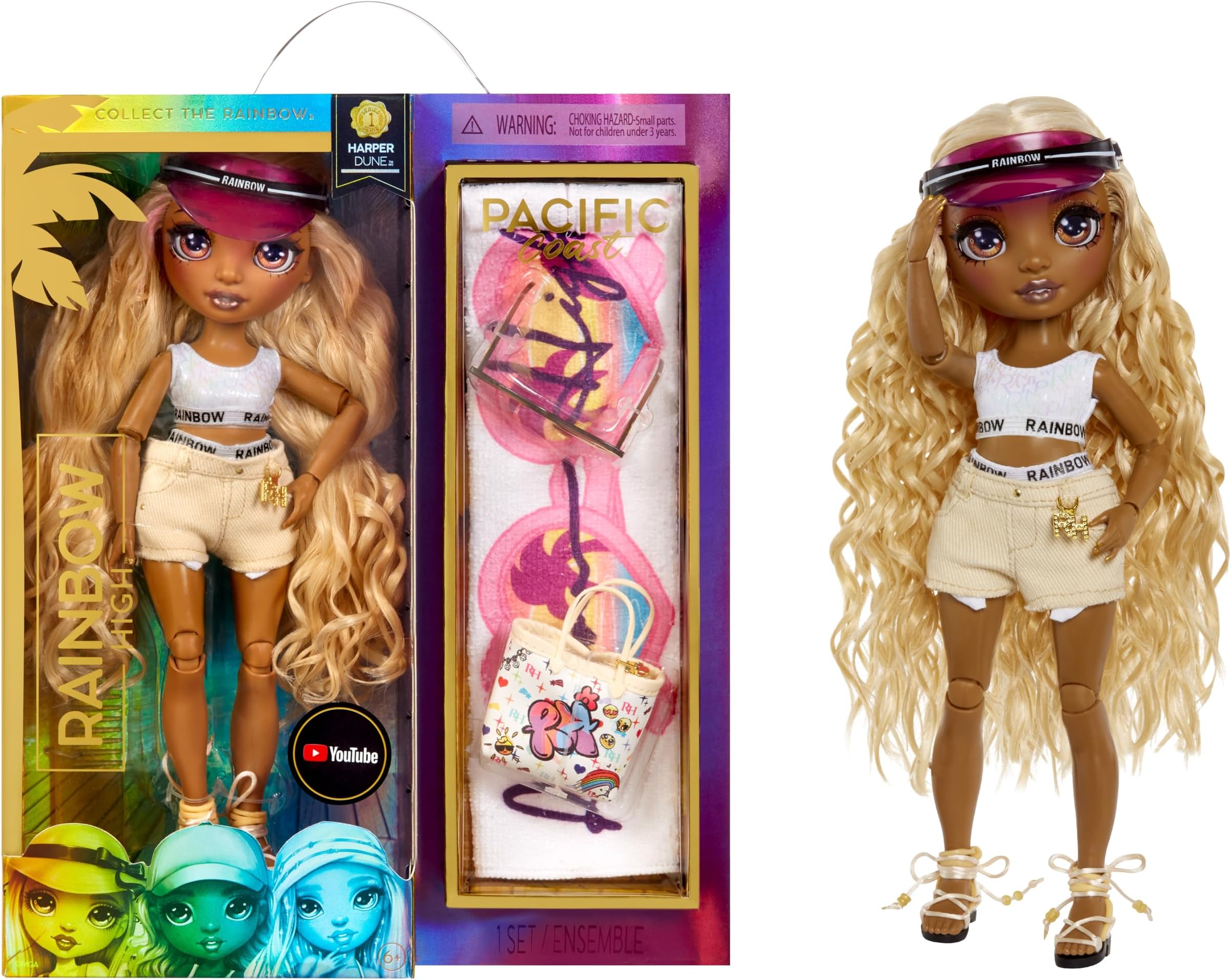 578376EUC Pacific Coast-Harper Dune-Sand Fashion Doll with Outfit, Interchangeable Legs, & Display Stand-Includes Towel, Tote Bag, & More-Gift & Collectable for Kids Ages 6+ 578376