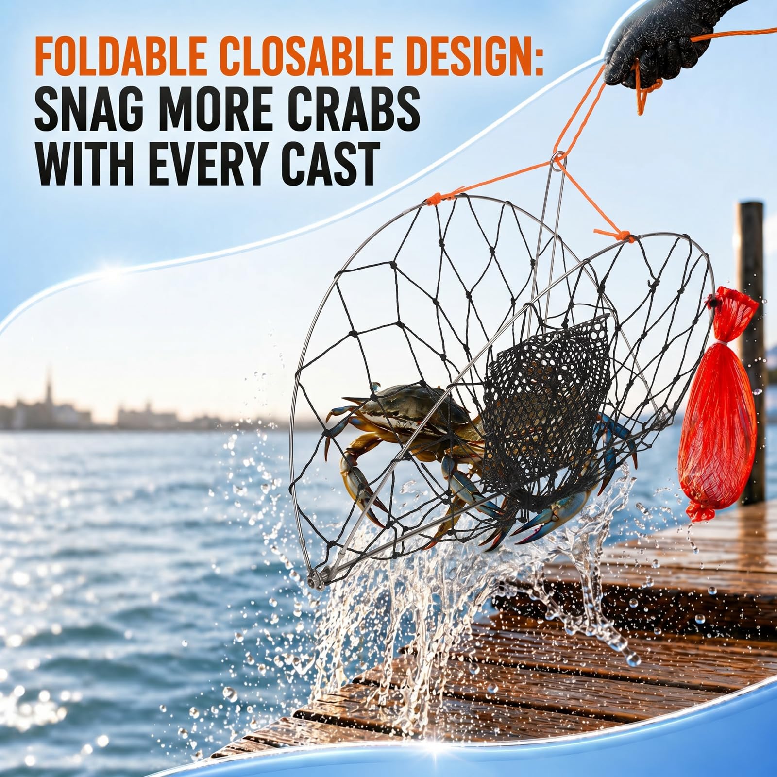 3 Stück 61 cm faltbare Wurf-Krabbenfalle mit 30 m Seilen und Köderbeuteln, 304 Edelstahl, Castable Crabbing Net Handwurfkäfig für blaue Krabben, Dungeness, Krebse