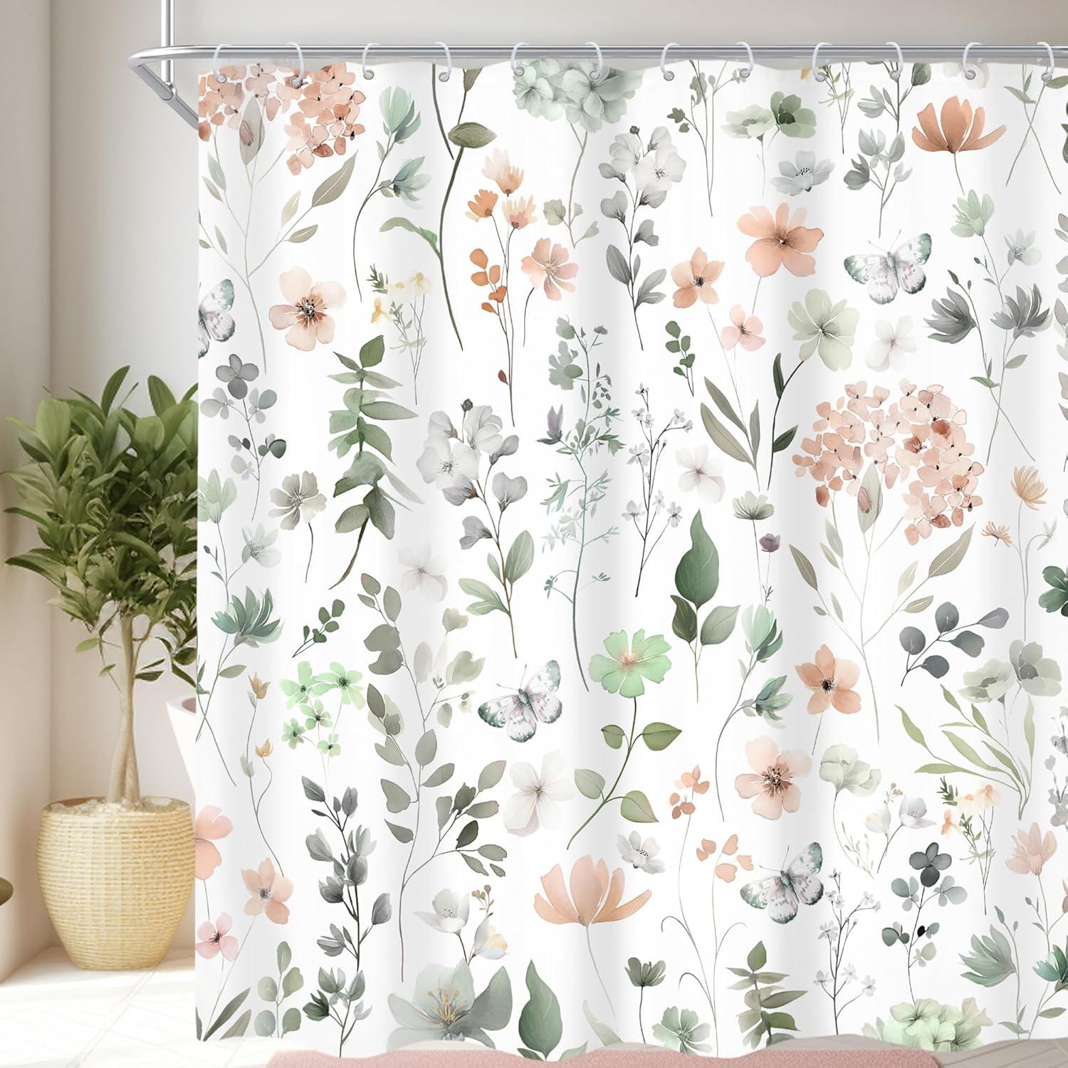 Cinbloo Extra Long Green Pink Floral 72Wx84H Shower Curtain Cute Wildflower Watercolor Boho Butterfly Spring Girls Plants Bathroom Curtain Set Modern Trendy Botanical Bath Bathroom Accessories Decor