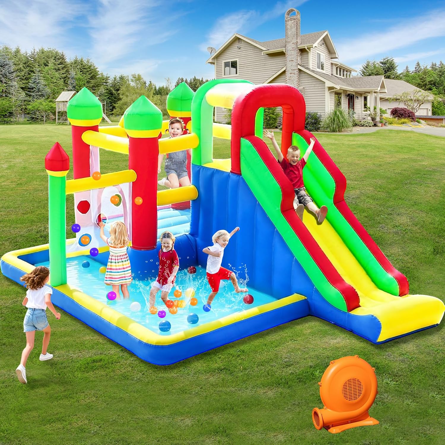 Bounce House for Kids, Inflatable Bouncy House Indoor & Outdoor Bouncy Castle with Slide, Jumping Castle with Ball Pit, Pool, Blower Included