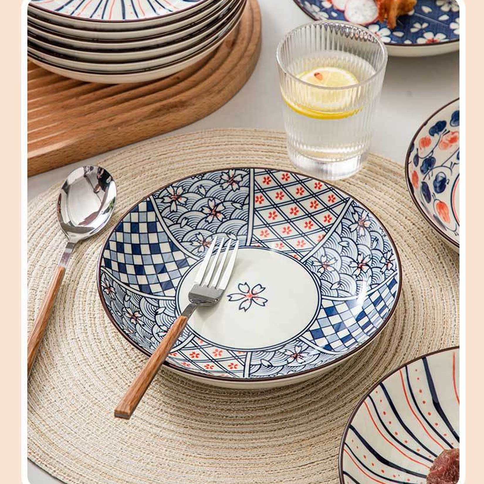 Set 4 Piatti In Ceramica Giapponese – Motivo Onde Blu – 7 Pollici – Adatti A Microonde - 2