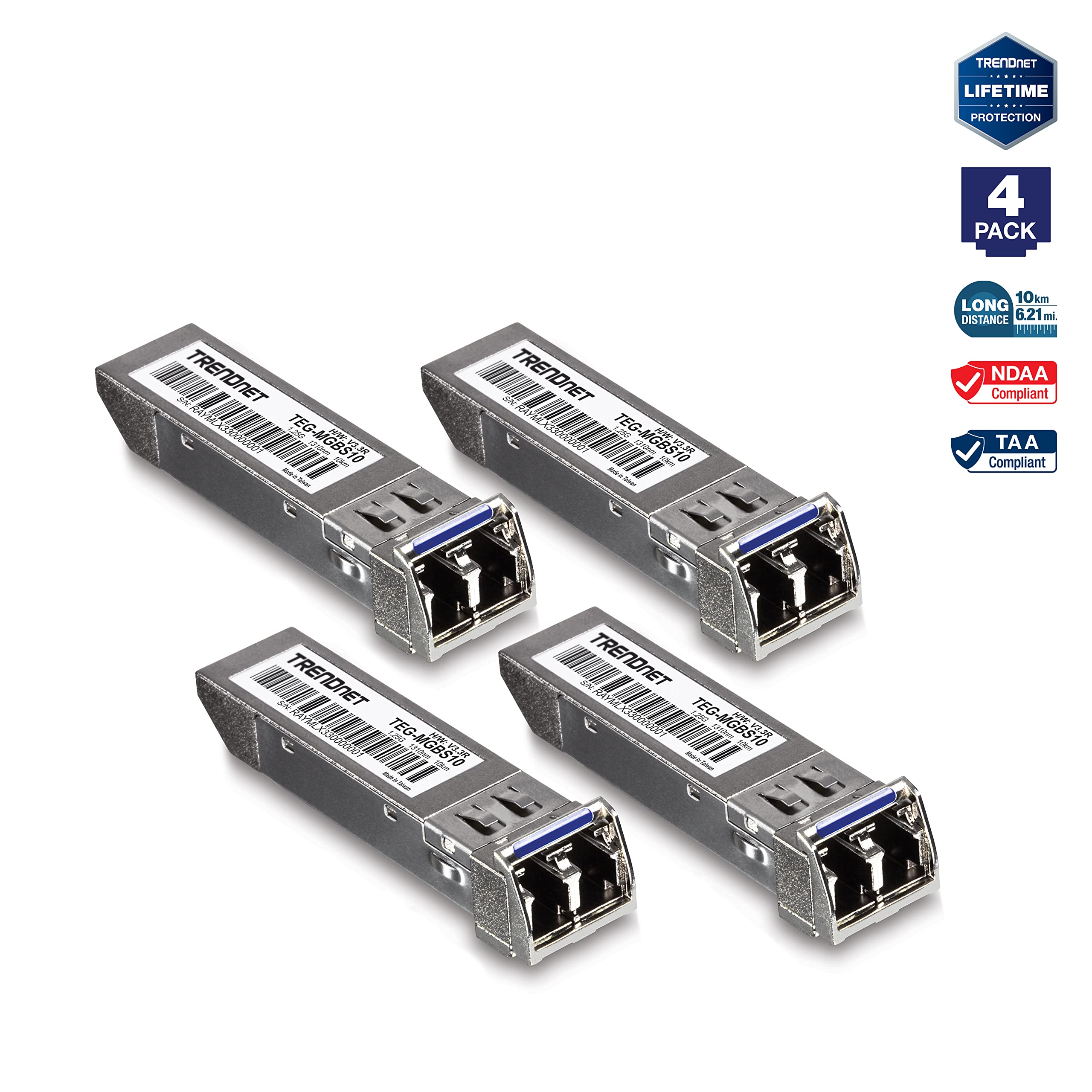 TRENDnet SFP Lot de 4 modules LC monomode TEG-MGBS10/4, pour fibre monomode, distances jusqu'à 10 km, Gigabit SFP, prend en charge jusqu'à 1,25 Gbit/s, IEEE 802.3z Gigabit Ethernet, protection à vie