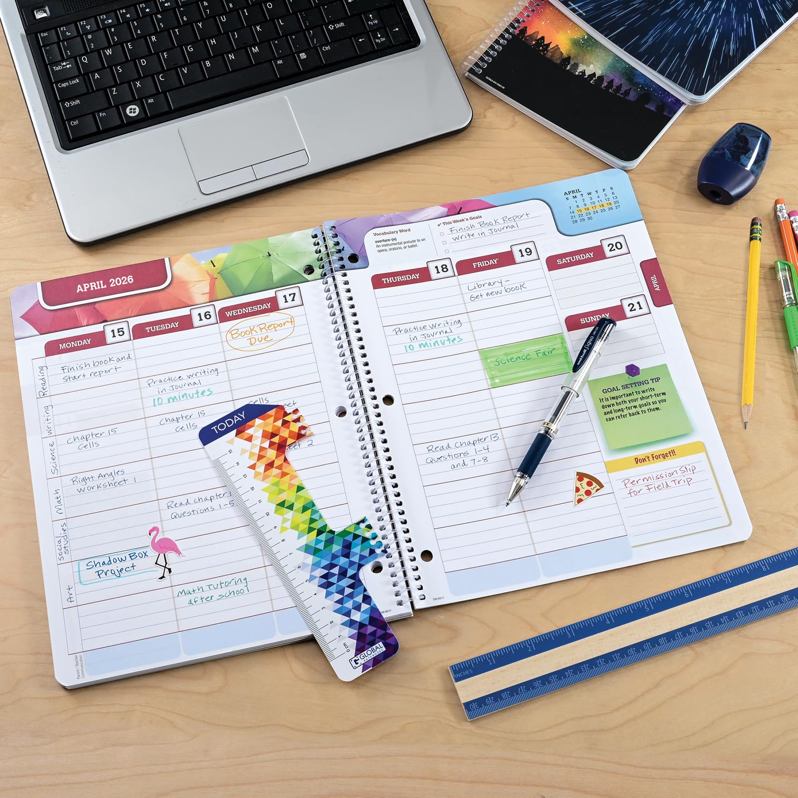 Global Datebooks Datierter Schülerplaner für Mittelschule oder Oberstufe für das akademische Jahr 2025–2026, inklusive Lineal/Lesezeichen und Planungsaufklebern (Matrix-Stil, 21,6 x 27,9 cm