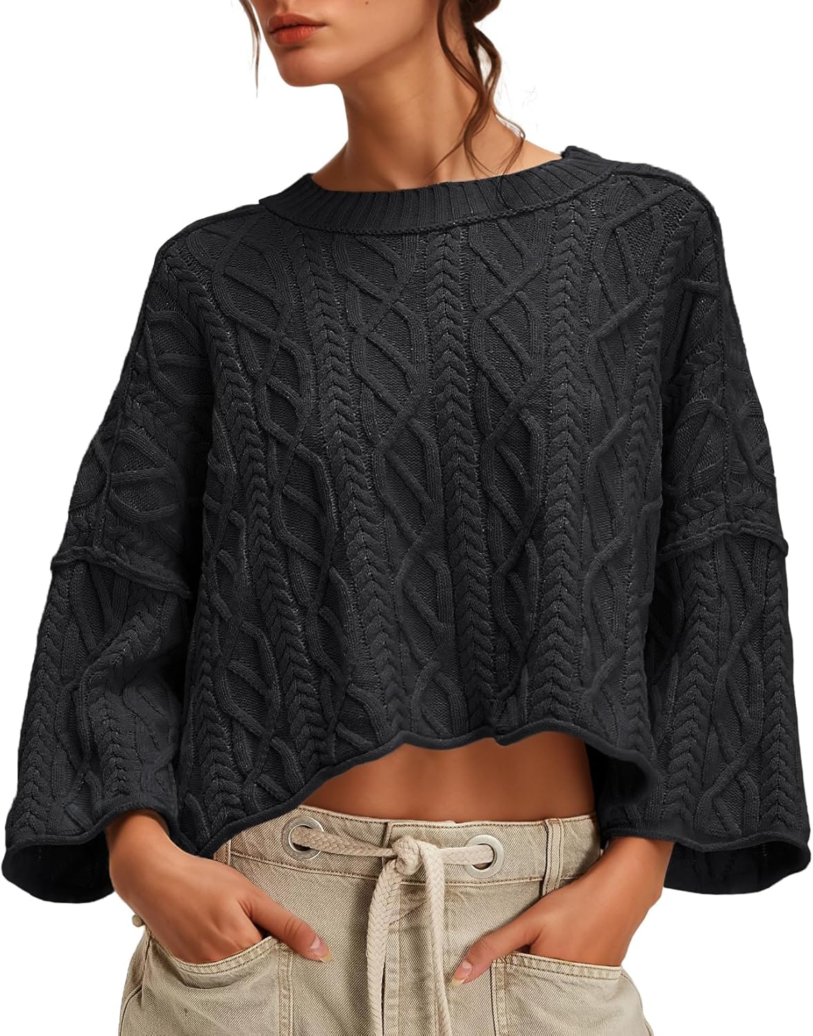 UNCLECAT Women's Cable Knit Cropped Sweaters Oversized Fall Sweater Long Sleeve Knit Trendy Pullover Tops