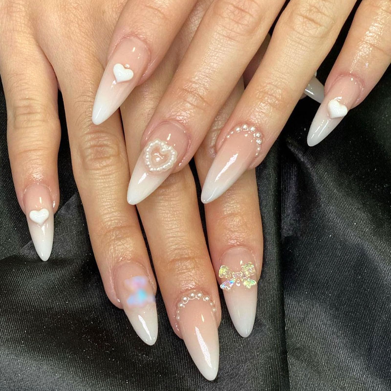 Press on Nails Almond Fake Nails with Bear Heart Bow Charm Designs Pink Gradient Valentines Glue on Nails Medium Cute Almond Press in Nails Medium for