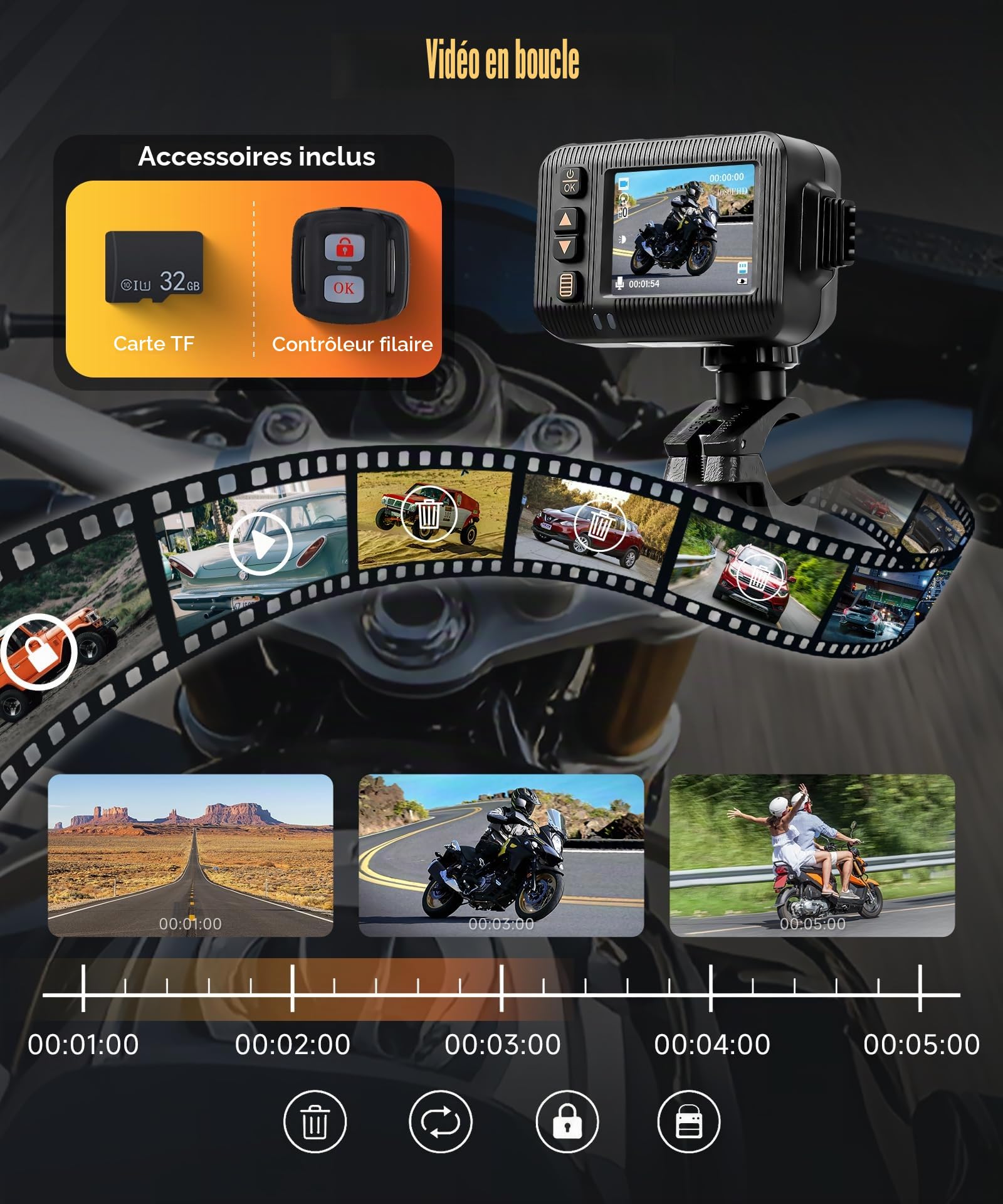 VECHTEL Caméra de tableau de bord de moto avant et arrière 1080p, écran HD 2", double caméra pour moto, étanche, enregistrement en boucle, capteur G intégré, télécommande et carte SD de 32 Go