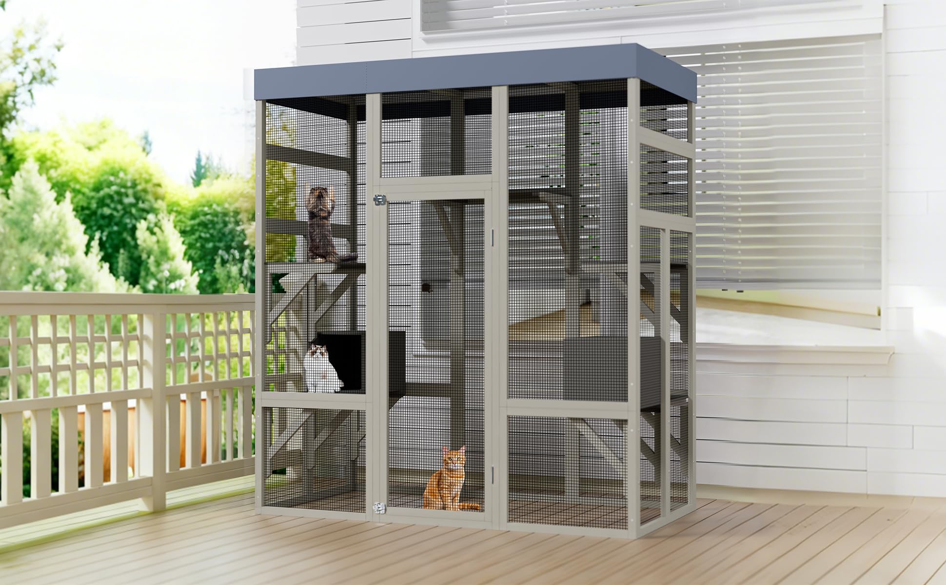 Garvee Enclos extérieur pour Chats en Bois Sécurisé Toit étanche Anti-UV 5 Plateformes 2 niches Jusqu'à 6 Chats Gris 159×82×178 cm