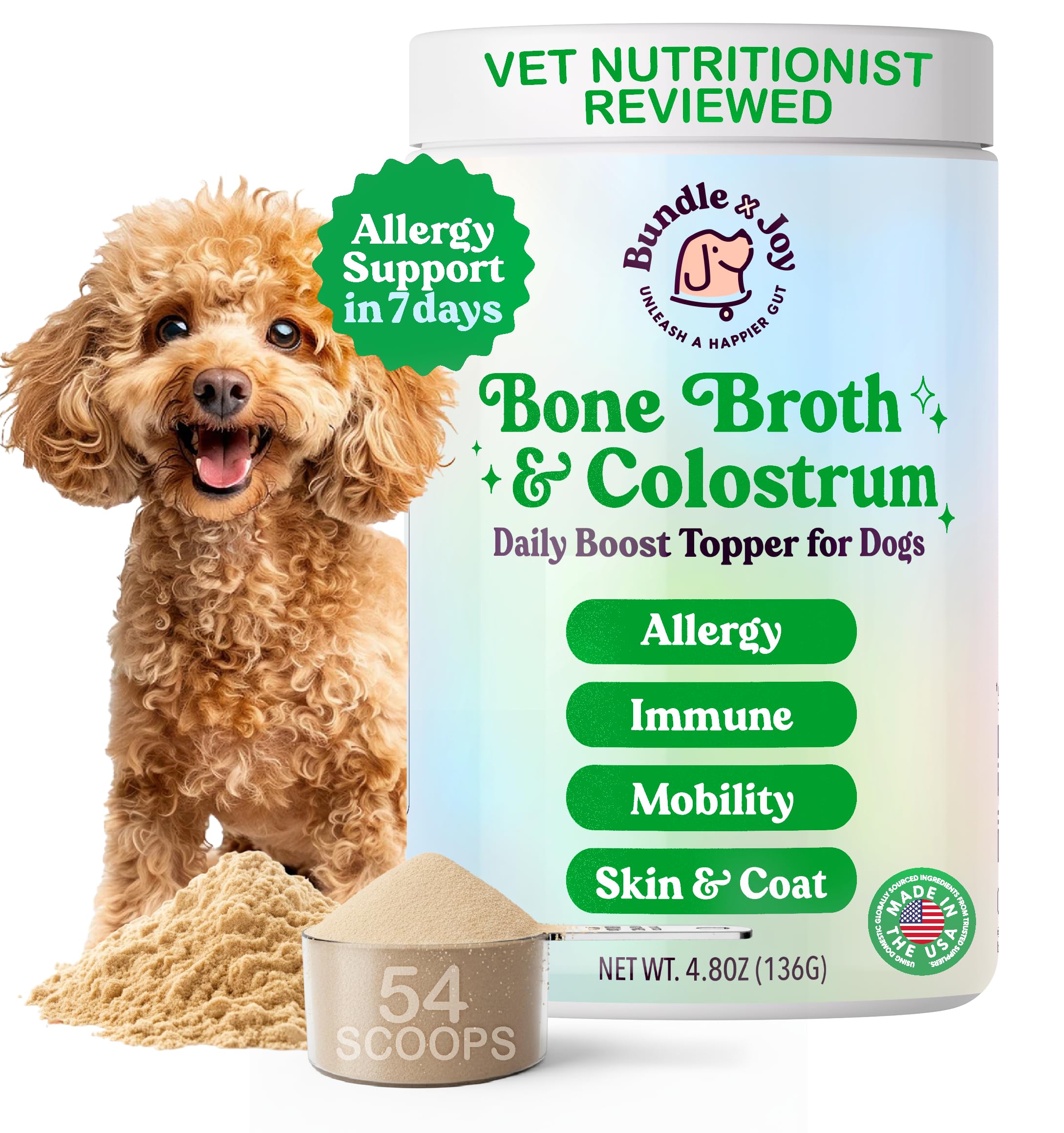 Bundle x Joy Beef Bone Broth Powder for Dogs Daily Boost Powder with Colostrum for Dogs Immune Support & Allergy Relief, 4.8 oz, 54 Servings - Dog