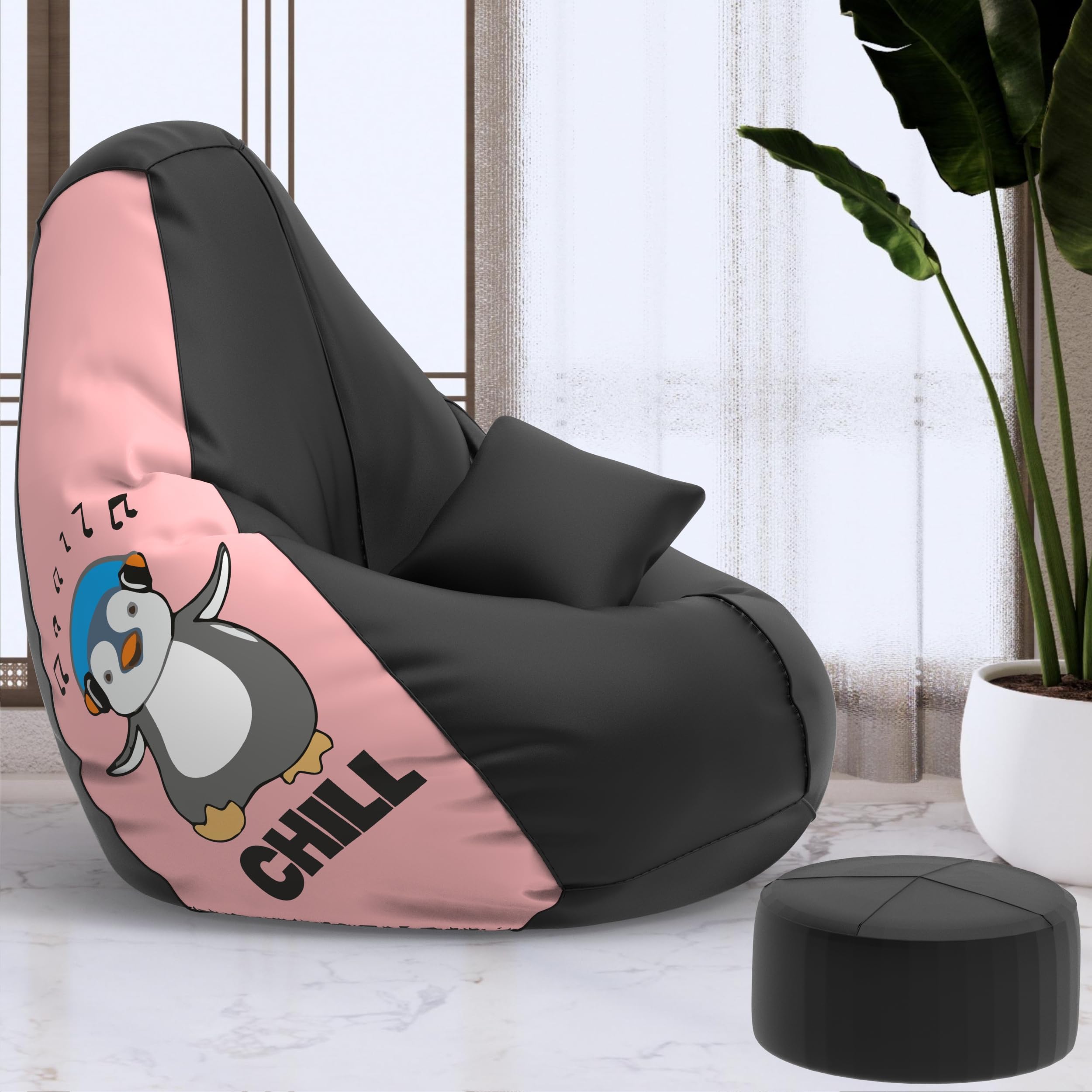 Biggie Bean Bag with Beans Filled 5XL Bean Bag with Free Cushion and Footrest - Official : BeanArt Combo (Matching Color : Printed, Chill - Black Peach)