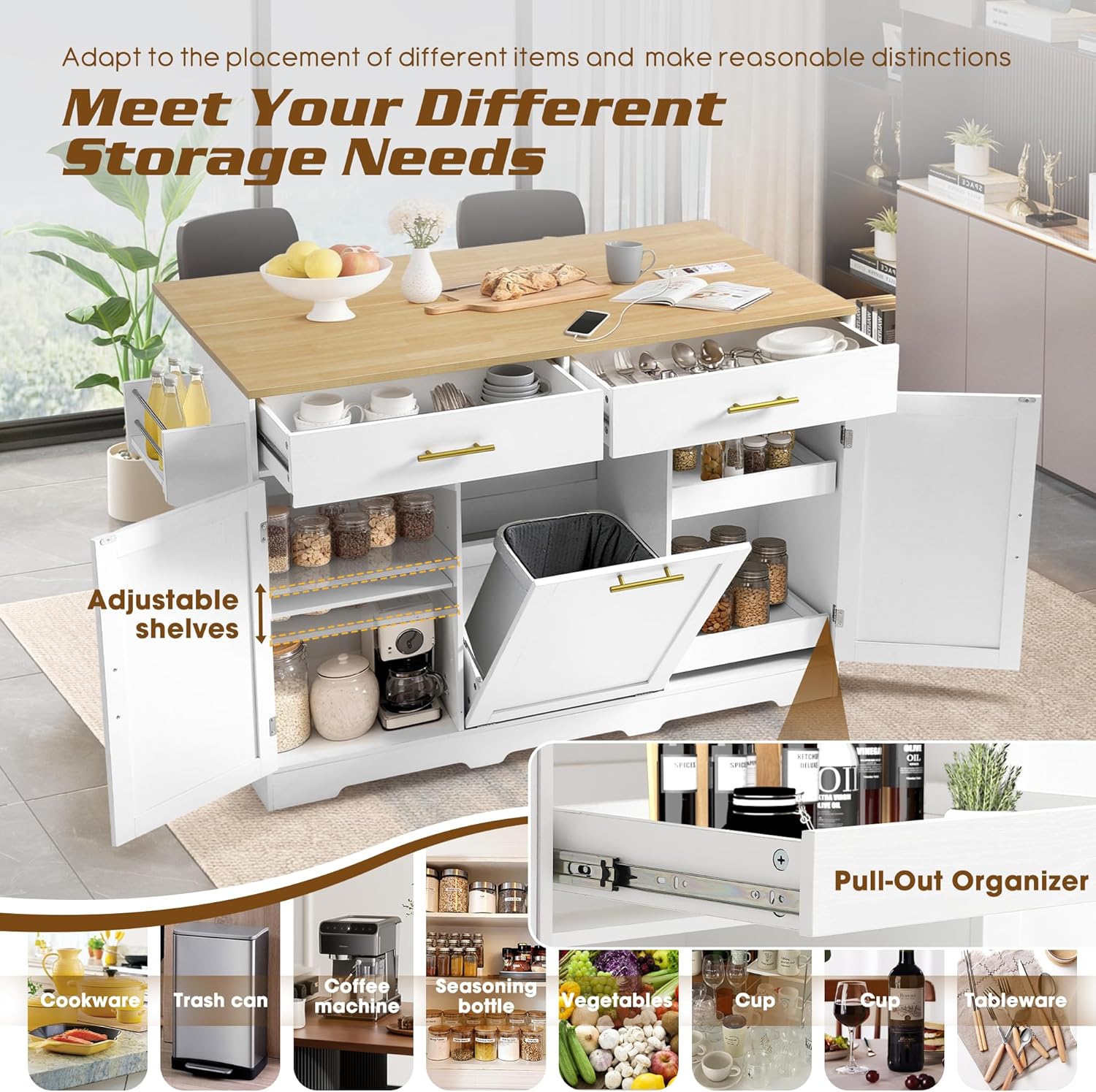 60" Kitchen Island with Power Outlet & Drop Leaf, Rolling Kitchen Island Table Cart w/Trash Can Storage Cabinet, Mobile Kitchen Cabinet on Wheels w/Drawers, Spice Rack, Towel Bar, Hooks (White)