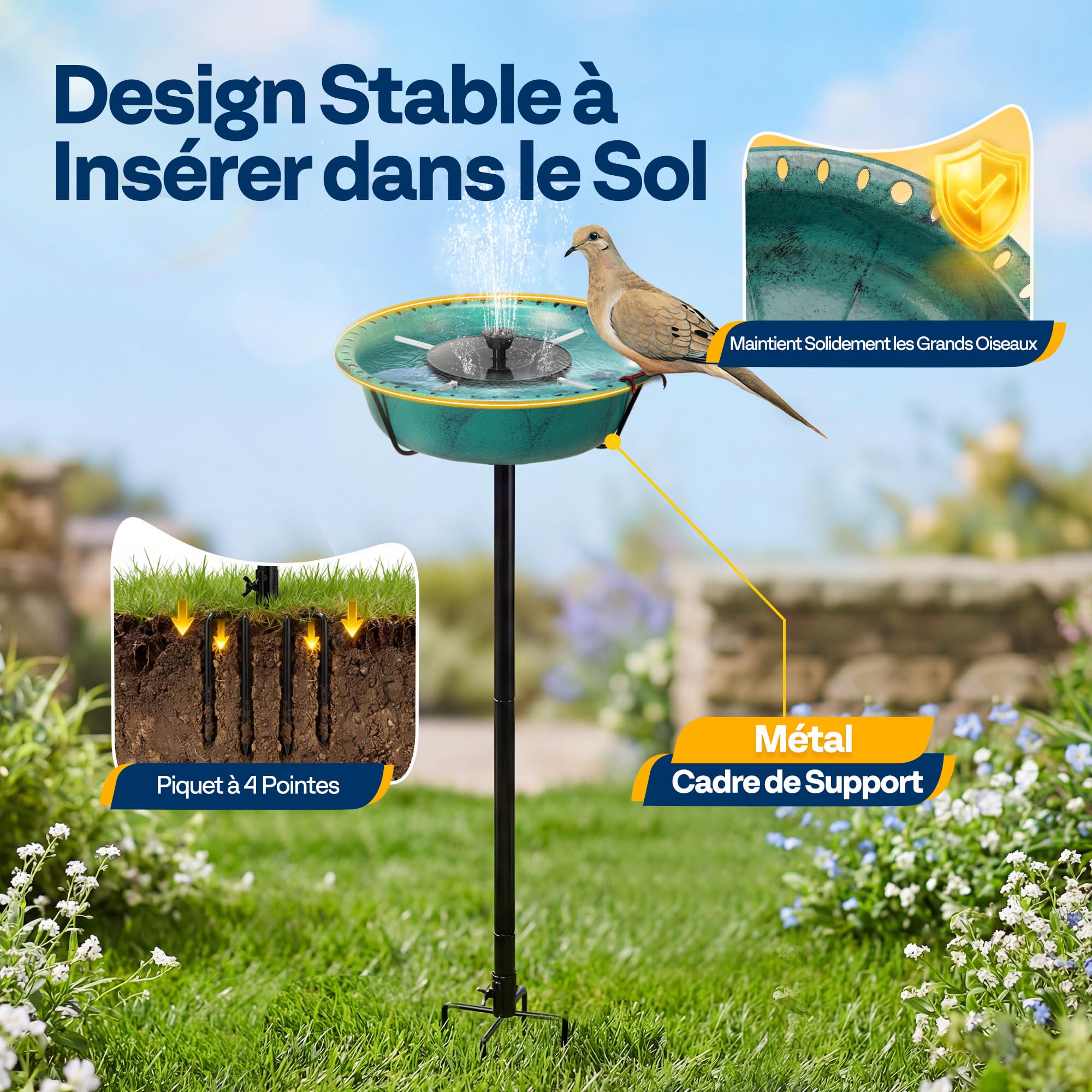 VIVOHOME Fontaine Solaire pour Bain d'oiseaux en Polyresine, Hauteur 74cm, Mangeoire Extérieure sur Pied avec Tige en Métal, Base à 5 Pointes