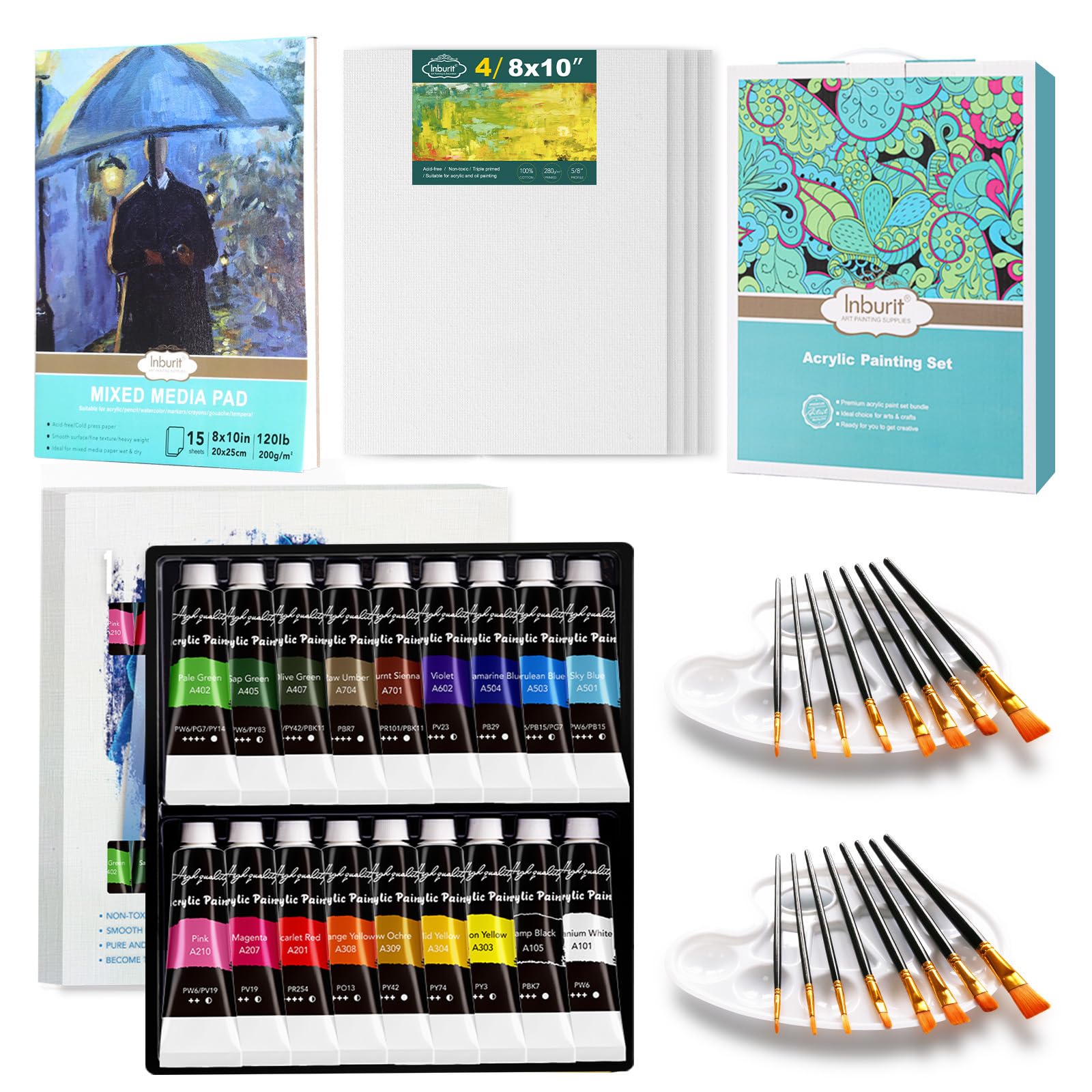 Acrylic Art Set, Painting Set, Art Supplies Painting Kit with 18 Color Acrylic Paints, 4 Blank Canvas, 1 Drawing Pad, 2 * 8 Brushes, 2 Palette, Best Gift for Student Kids Adults-image-26