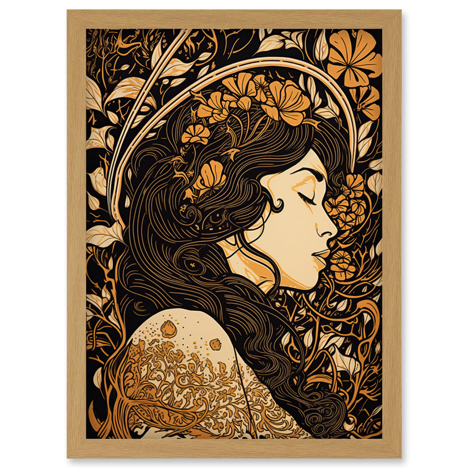 Sleeping Beauty Modern Art Nouveau Illustration Artwork Print - Framed Wall Art - A4 Size