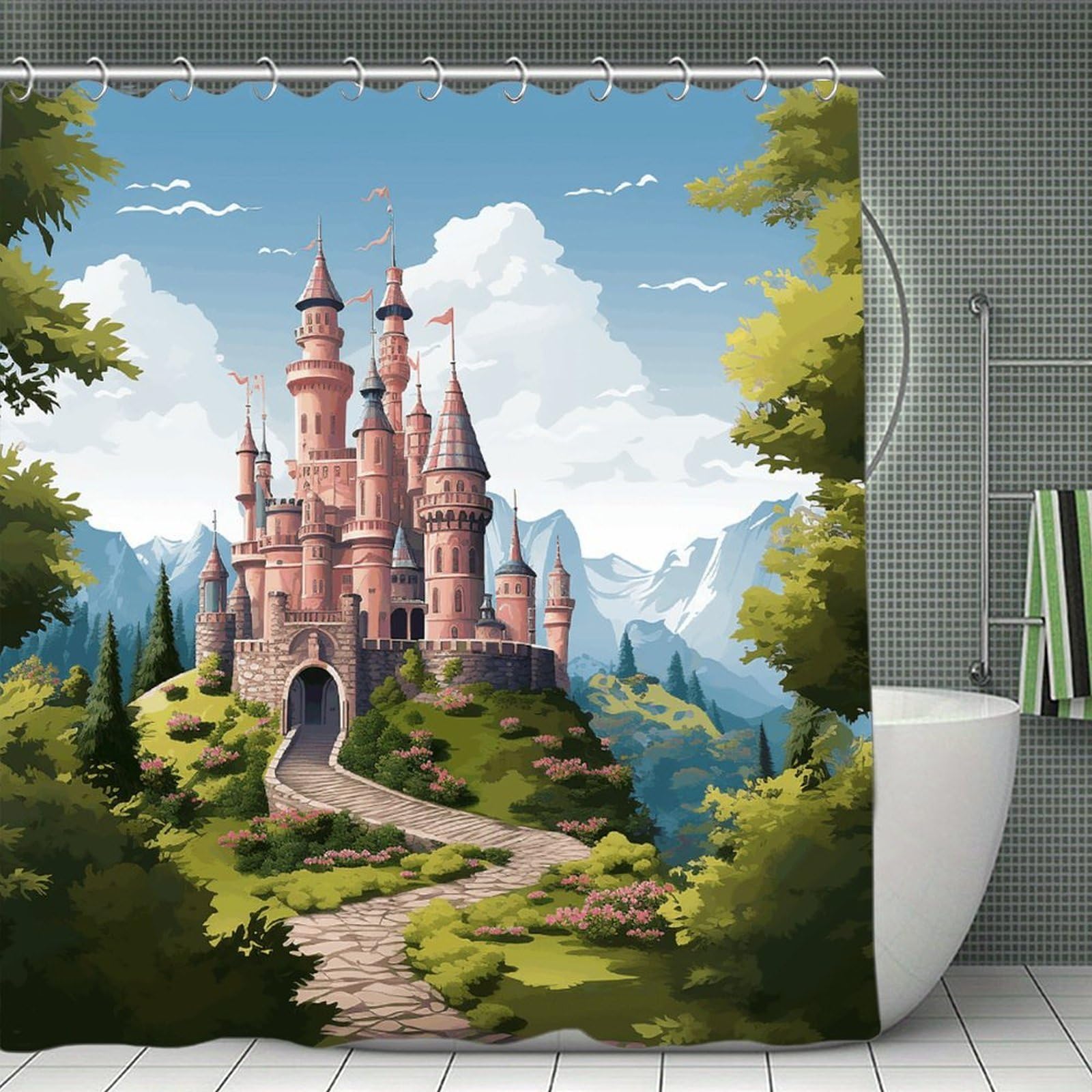 VstaDank Fairy Tale Castle Bath Curtain Elegant Heavy Duty Shower Curtains 70x70 in Rustic Farmhouse Cloth Shower Curtains Neutral Modern Bath Curtain for Bathroom