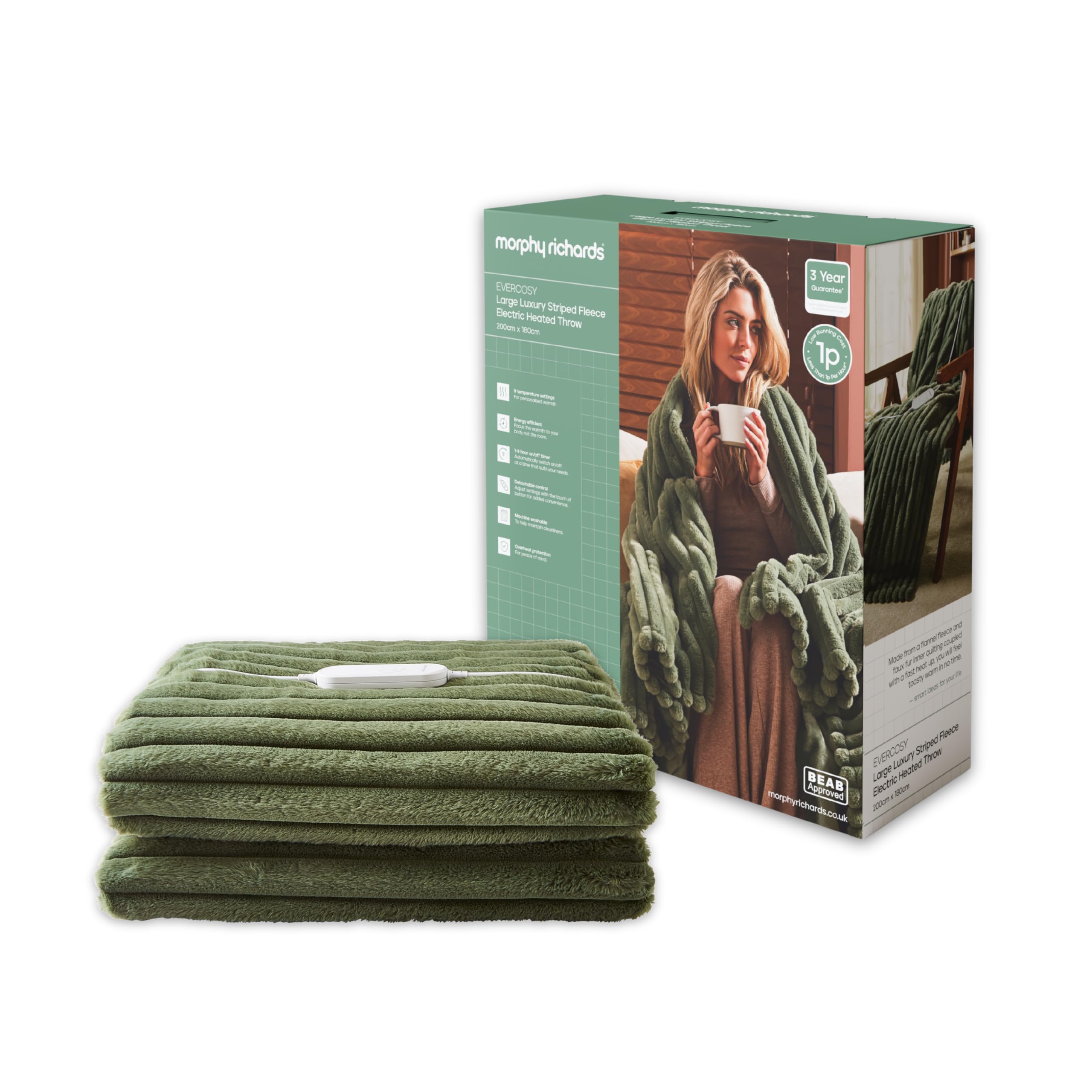 Morphy Richards EverCosy Luxury Striped Fleece Electric Heated Throw, 200x180cm, 9 Heat Settings, Detachable, Teddy and Flannel Fleece, Overheat Protection, Auto Shut Off, Green, 610104