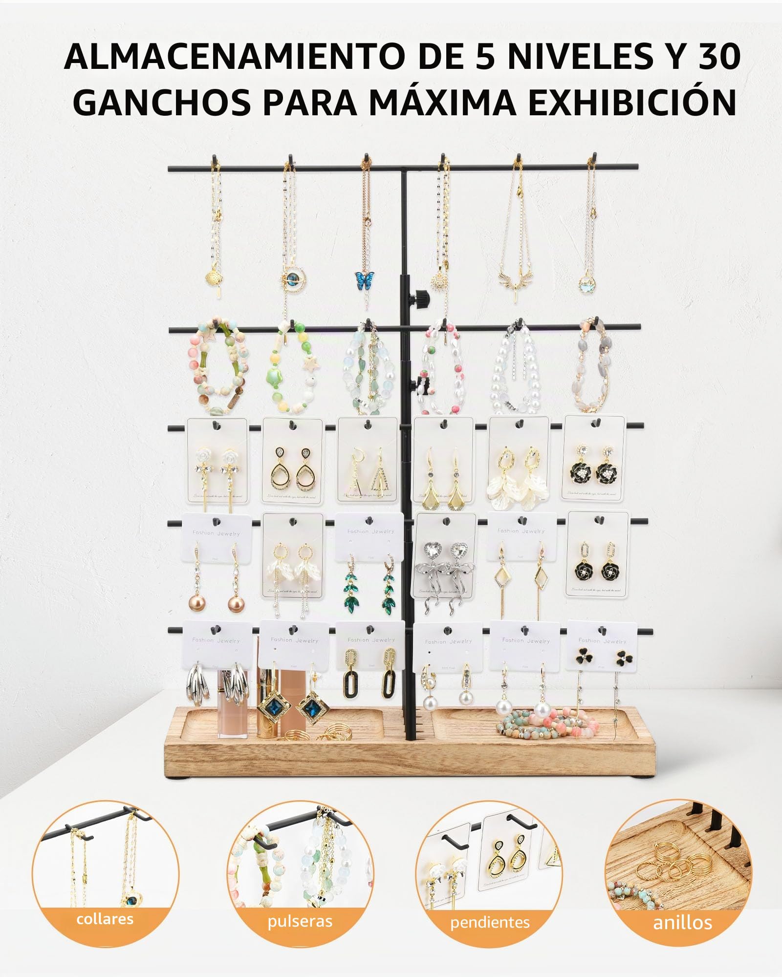 BS-VOG Organizador Pendientes Con 30 Ganchos, Expositor Pendientes Ajustable, Organizador De Pendientes Con Bandeja Para Collares Y Pulseras.