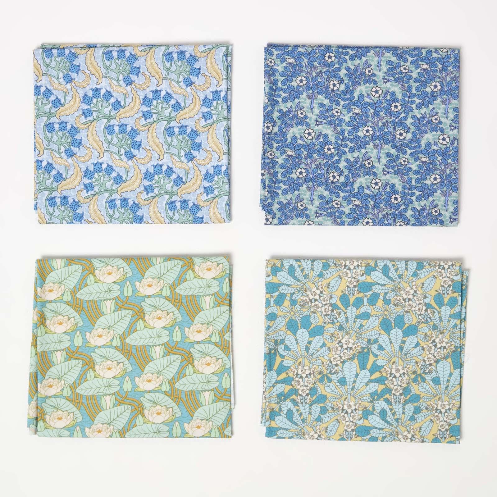 Homescapes Blue 4Pcs Fat Quarters Fabric Bundles, 100% Cotton Fabric, 50 X 55Cm, Material For Sewing, Patchwork Quilting Fabric For Diy Crafts - Maurice Verneuil Design