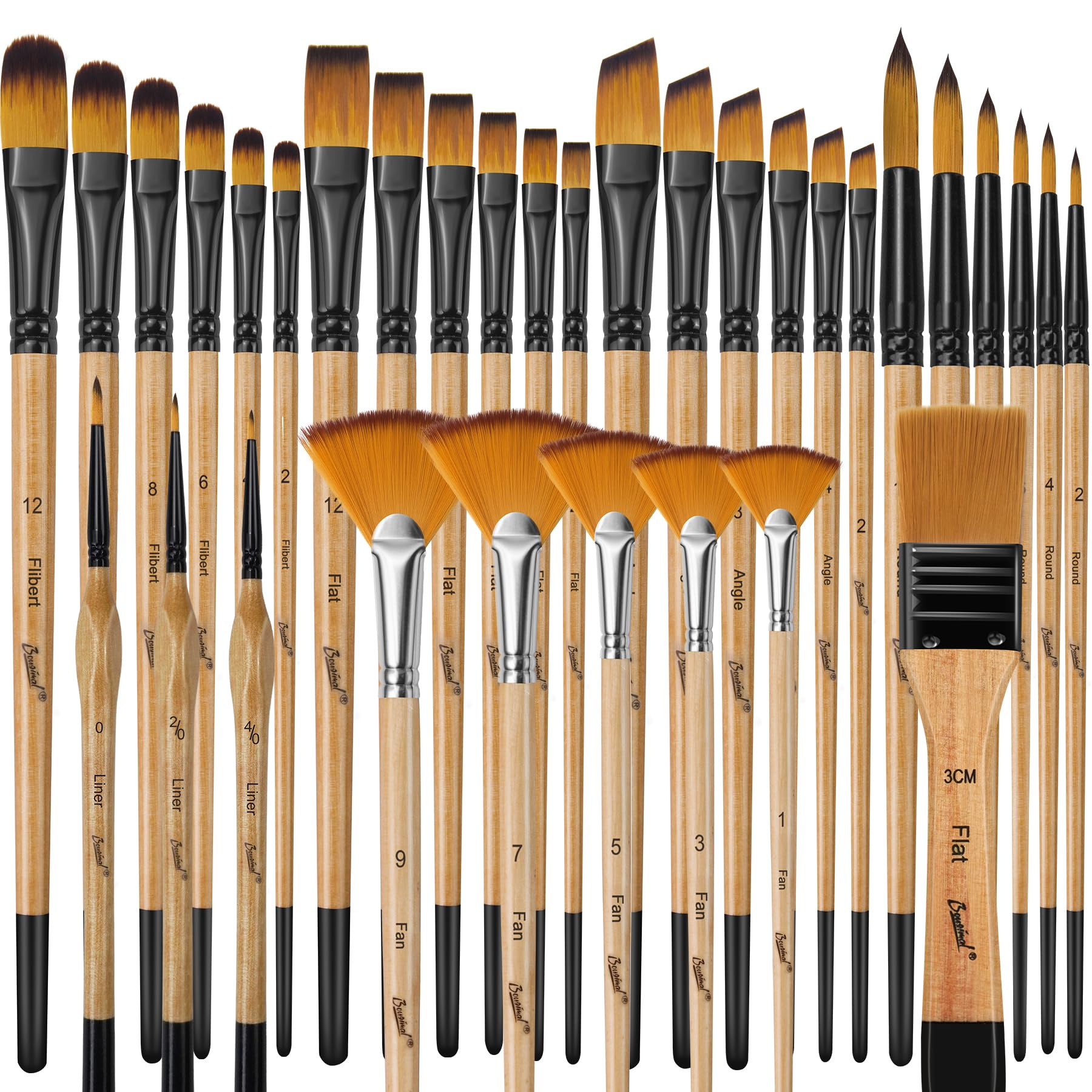 33 Pcs Paint Brush Set, Artist Paint Brushes for Acrylic Painting, Oil, Watercolor, Gouache, with Flat Round Filbert Fan Angle Detail Brush, Suitable for Artists and Beginners