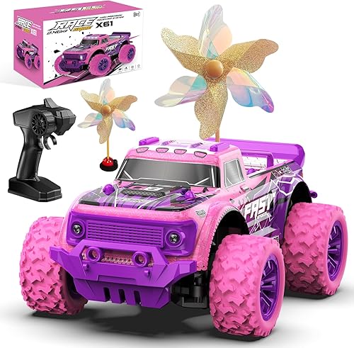 Coche de control remoto para niñas Camión Rc rosa púrpura a escala 120 con luz LED y molinos de viento DIY - 20 Kmh Todo Terreno Rápido RC Cars,