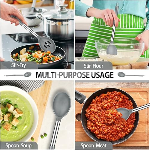 Miniatura 5 de Paquete de 4 espátulas y cucharas grandes de silicona, juego de utensilios de cocina de acero inoxidable ranurados y sólidos, antiadherentes,