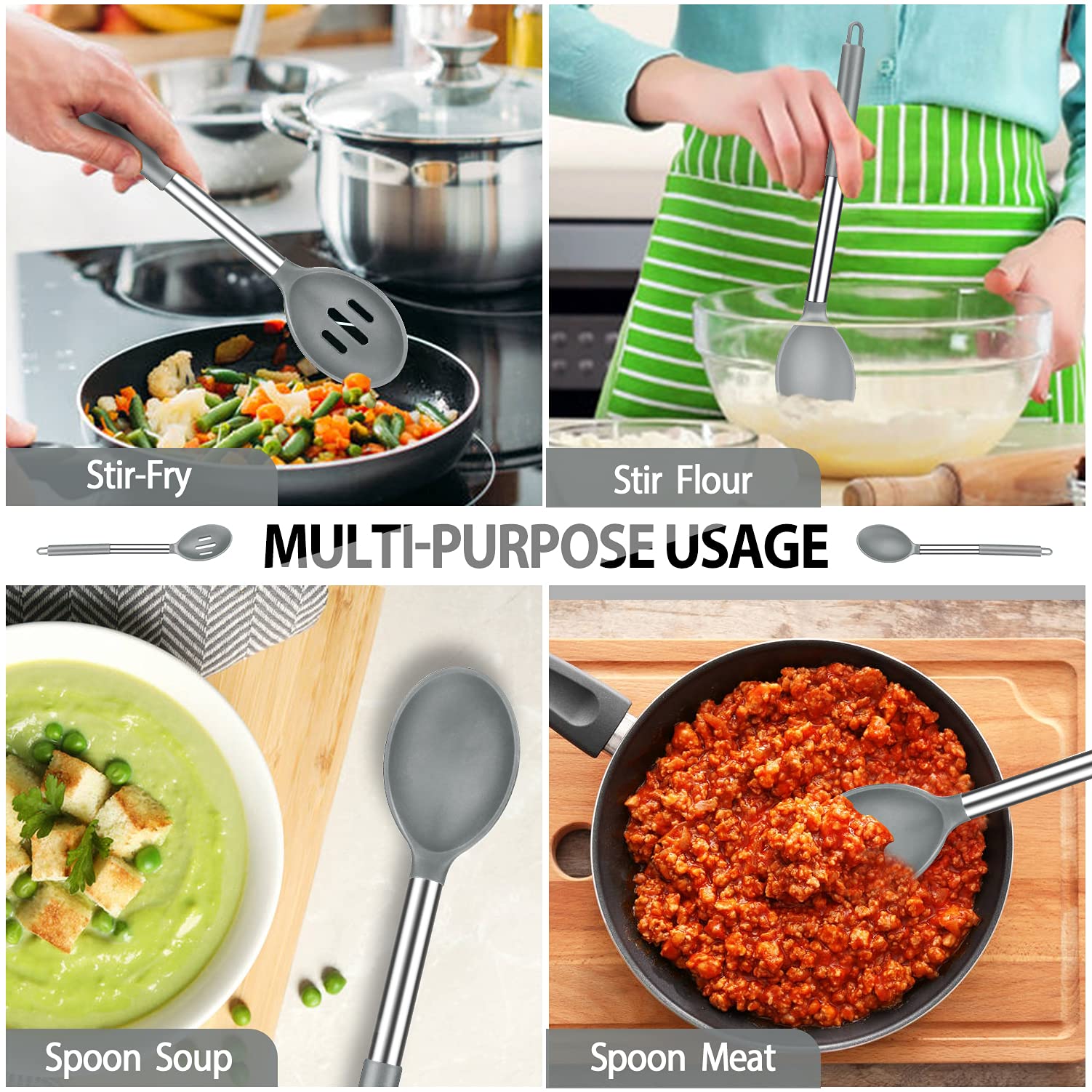 Juego de 4 espátulas y cucharas de cocina de silicona grandes, ranuradas y sólidas utensilios de cocina de acero inoxidable, antiadherentes, resistentes al calor, para hornear, mezclar, servir (gris)