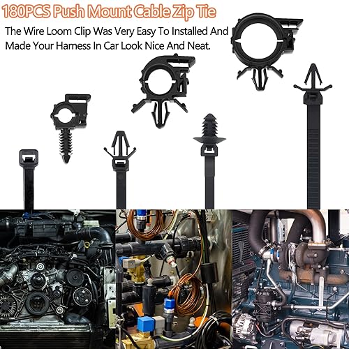 Miniatura 4 de 180pcs Push Mount Cable Zip Tie with Car Wire Loom Routing Clips,Fastening Cable Clips for Organizing Cables and Cords,Car Clips Contains 7 Sizes