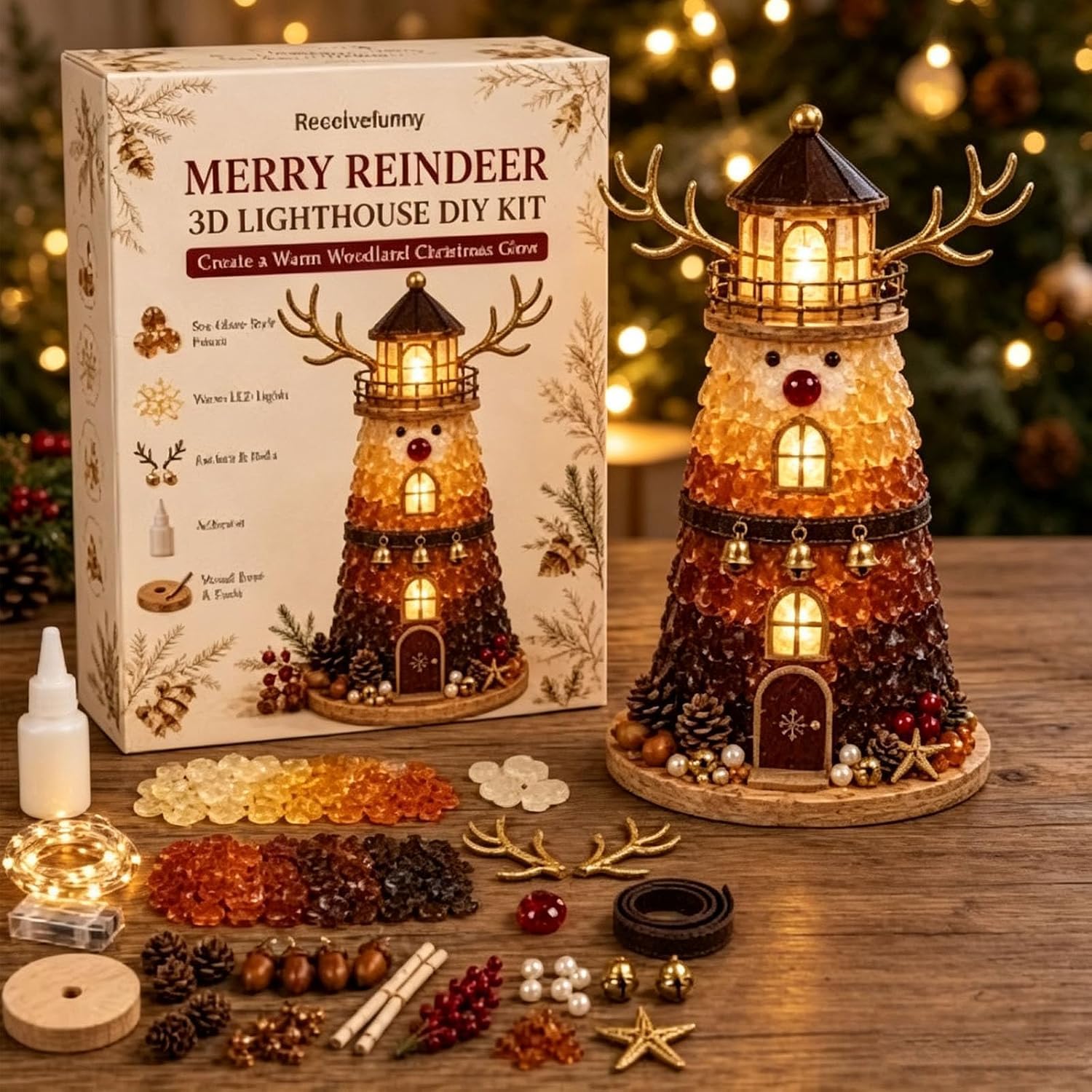 Christmas Decor 3D DIY Lighting Sea Glass-Style Lighthouse Crafts Reindeer