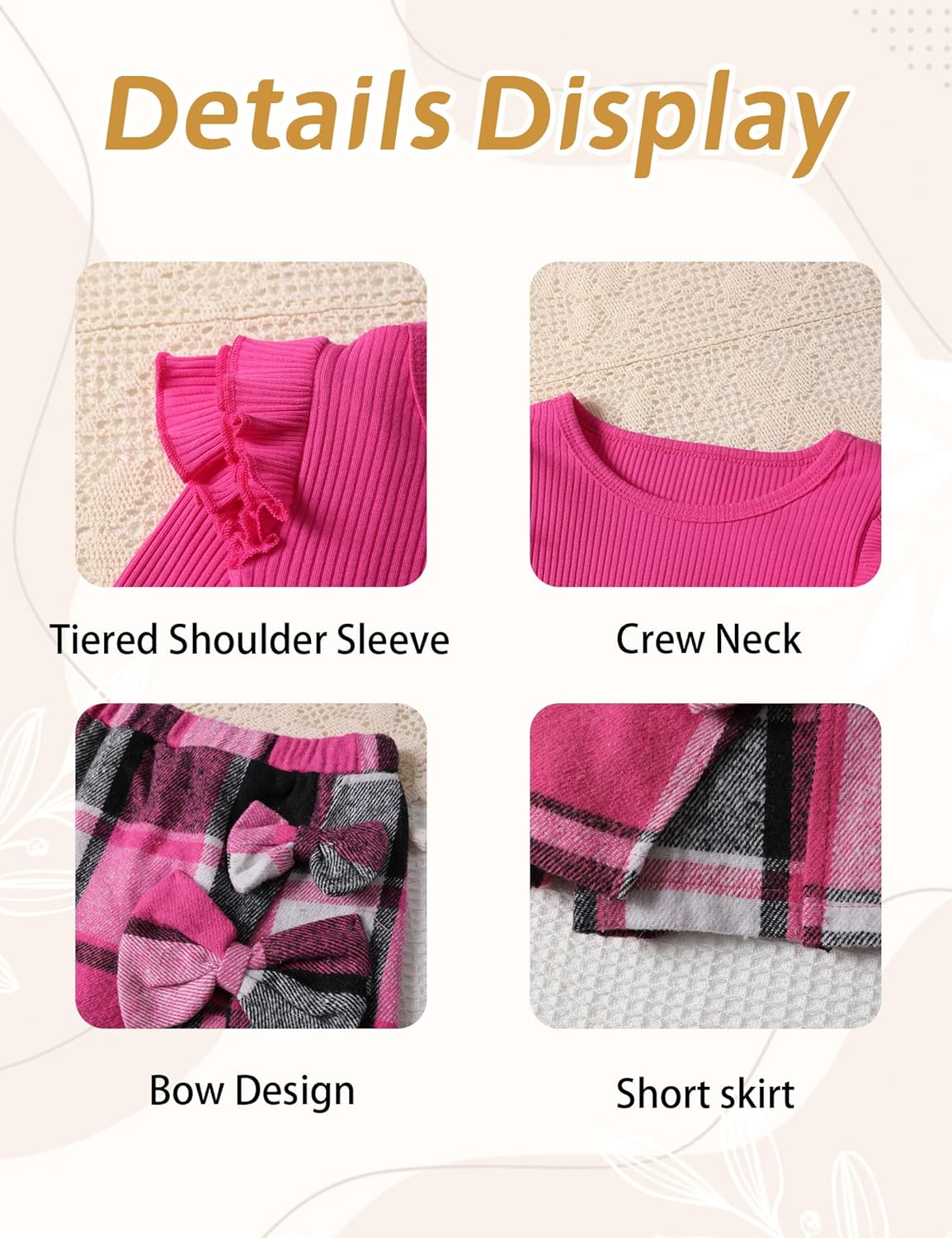 Girls Clothes Ruffle Sleeve T-shirt Top and Bowtie Plaid Skort Set with Hat 3PCS Girls Fall Outfits 5-14 Years - Image 4