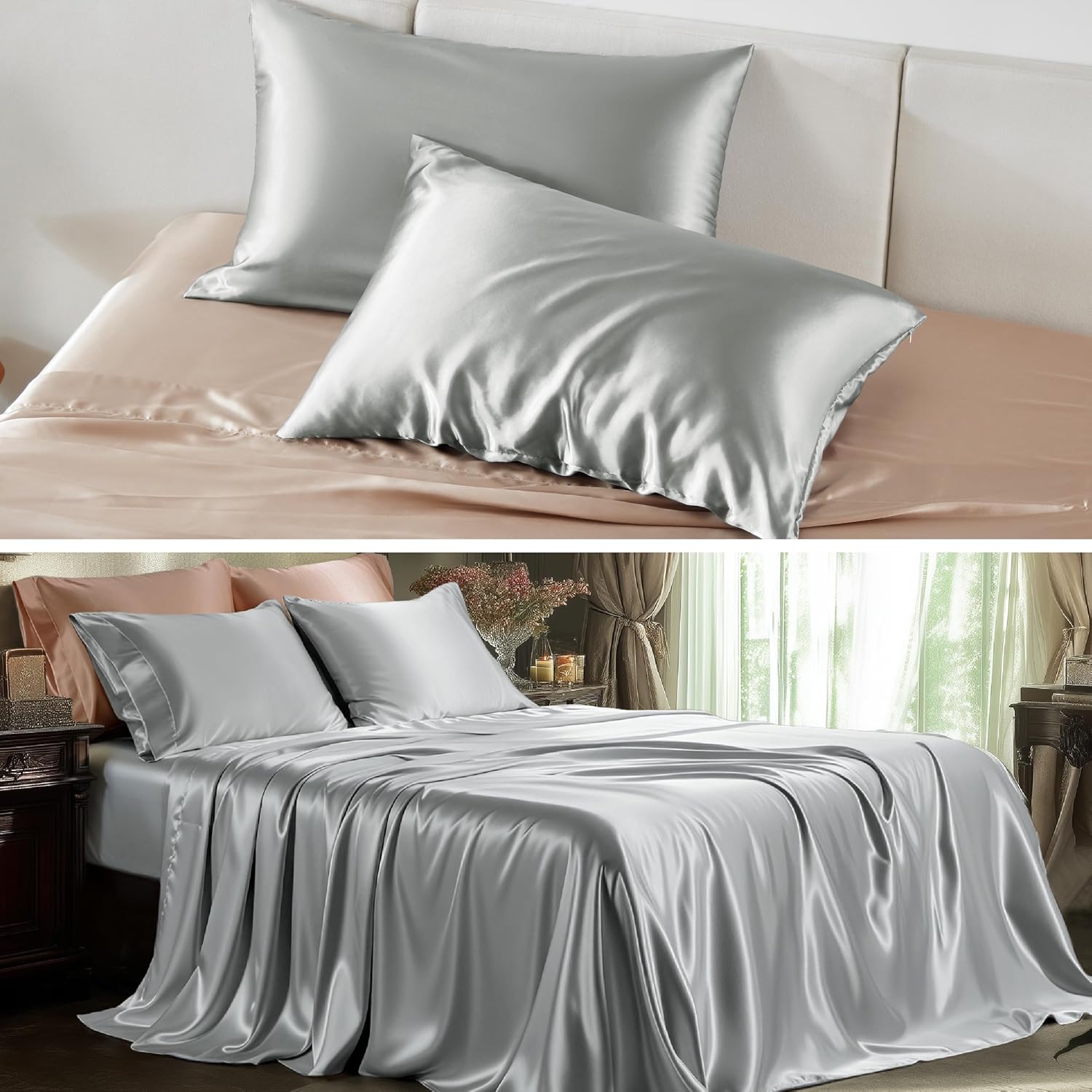 Sheets Set with Pillowcases: Satin Zipper Pillowcases 2 Pack & Satin Sheets Set