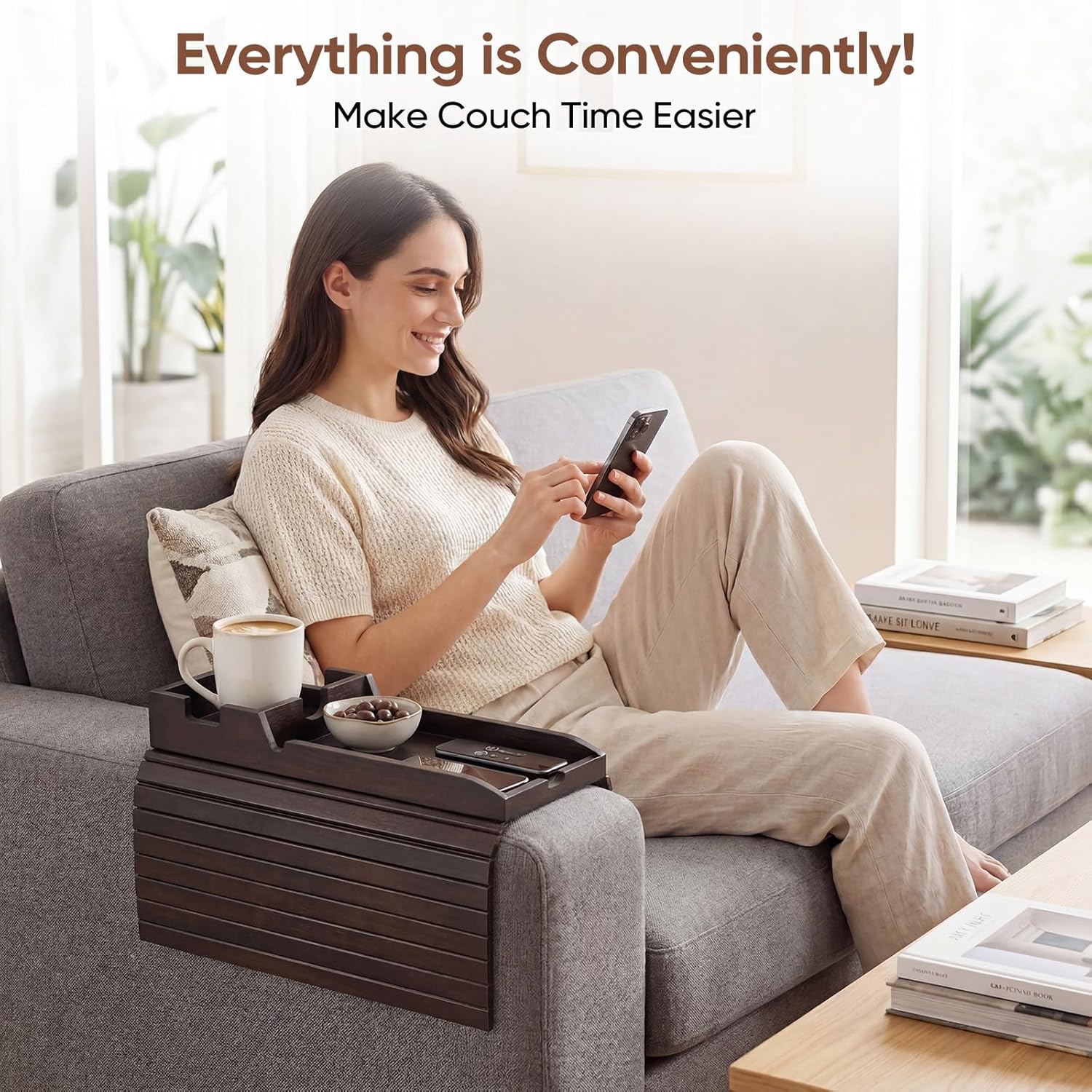 Bamboo Couch Arm Tray Table with Built-in Cup Holder, Foldable Anti-Slip Sofa Armrest Table for Drinks, Phone & Remote, Fits 4.7–16.9 in Armrests, Holds Cups up to 3.5 in Diameter (Brown)
