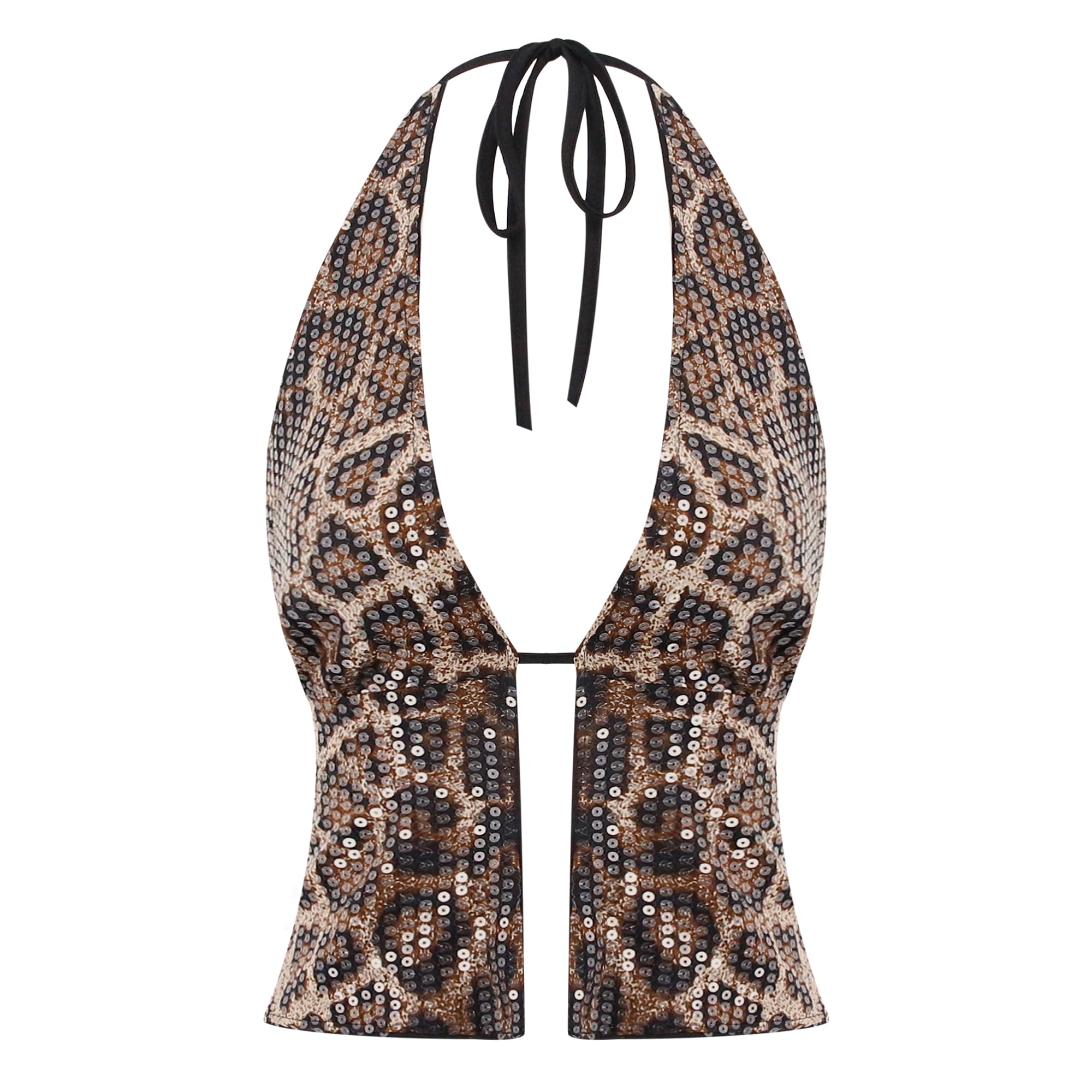 Canotta da donna con paillette, con scollo a leopardo, con spalline scoperte, crop top party club