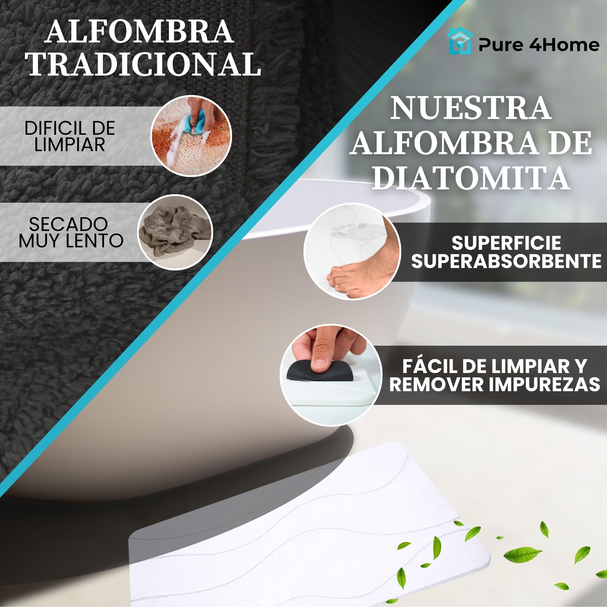 Pure 4Home Pack de 2 Alfombras de Diatomita para Baño 60x40 - Diseños Grey Waves y Diat White, Alfombrilla de Piedra Super Absorbente, Secado Rápido y Antideslizante