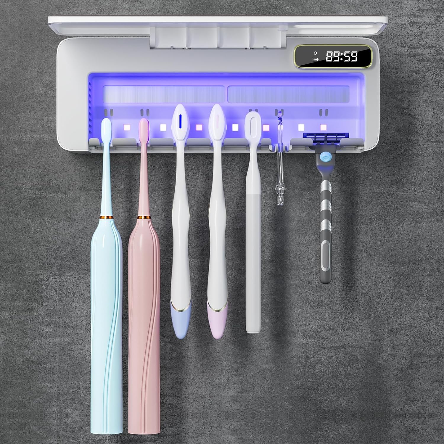Soporte para Cepillo de Dientes, 5+1+1 Ranuras para cepillos de Dientes UV, Soportes Recargables de Pared para baños, Funciones de calefacción, sin taladrar (Blanco)