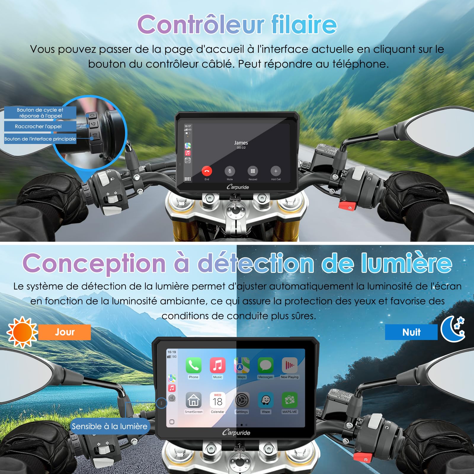CARPURIDE W702S Pro Moto Carplay Écran avec BM05 pour Plug-and-Play | Sans Fil CarPlay et Android Auto, 7" Étanche Tactile Écran, Double Bluetooth, Filaire Contrôleur, Navigation, Boussole.