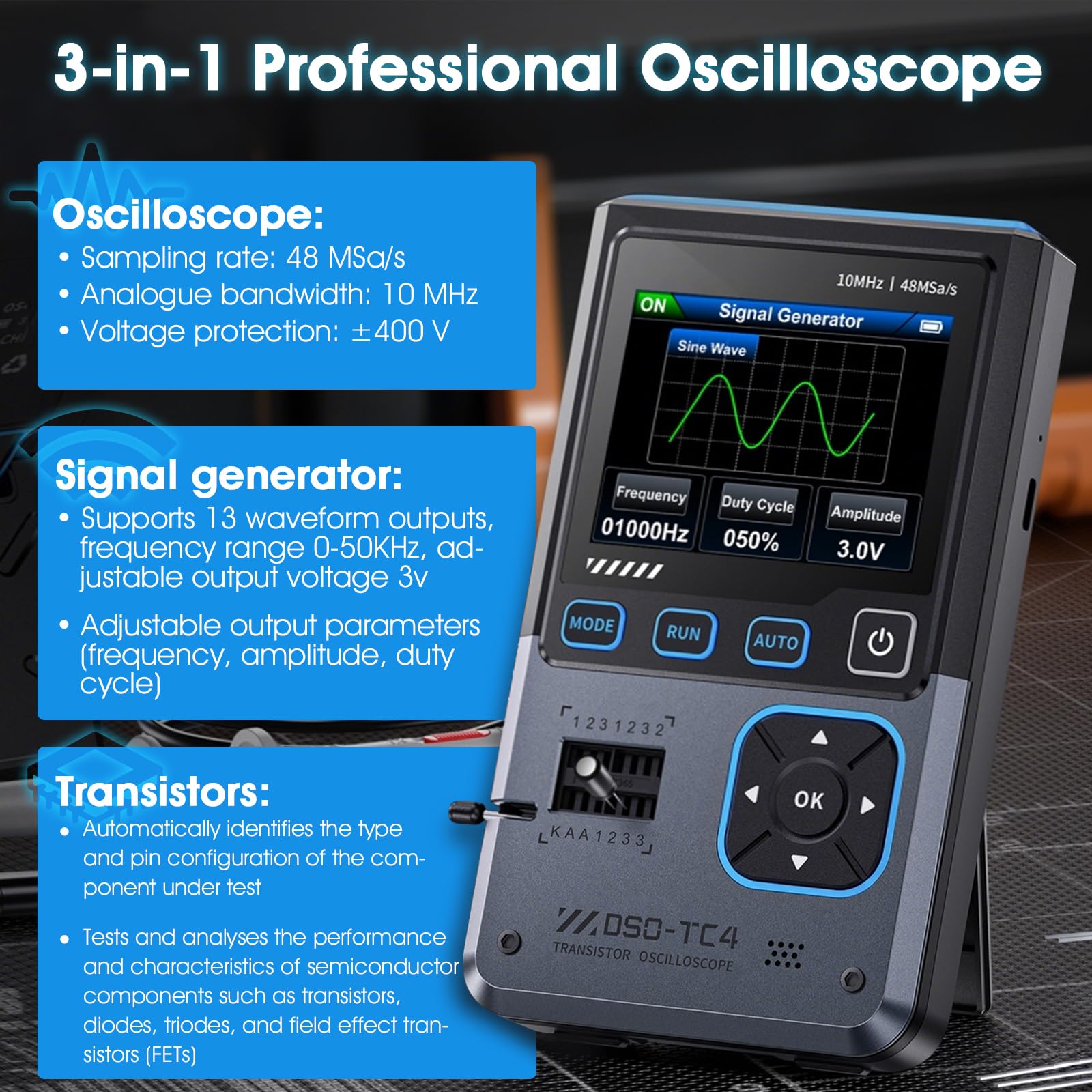 Oszilloskop Multimeter, 3 in 1 Handheld Oscilloscope mit 10MHz Bandbreite, 48MSa/s Abtastung, 2.8" TFT Display Signaenerator, USB Transistor Tester