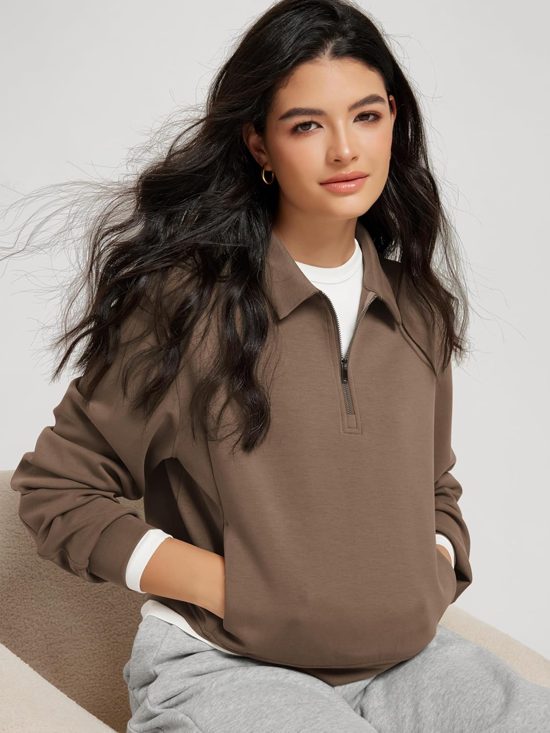 ODODOS Modal Soft Half-Zip Collared Sweatshirts for Women Long Sleeve Relaxed Pullover Top with Pockets - Image 4