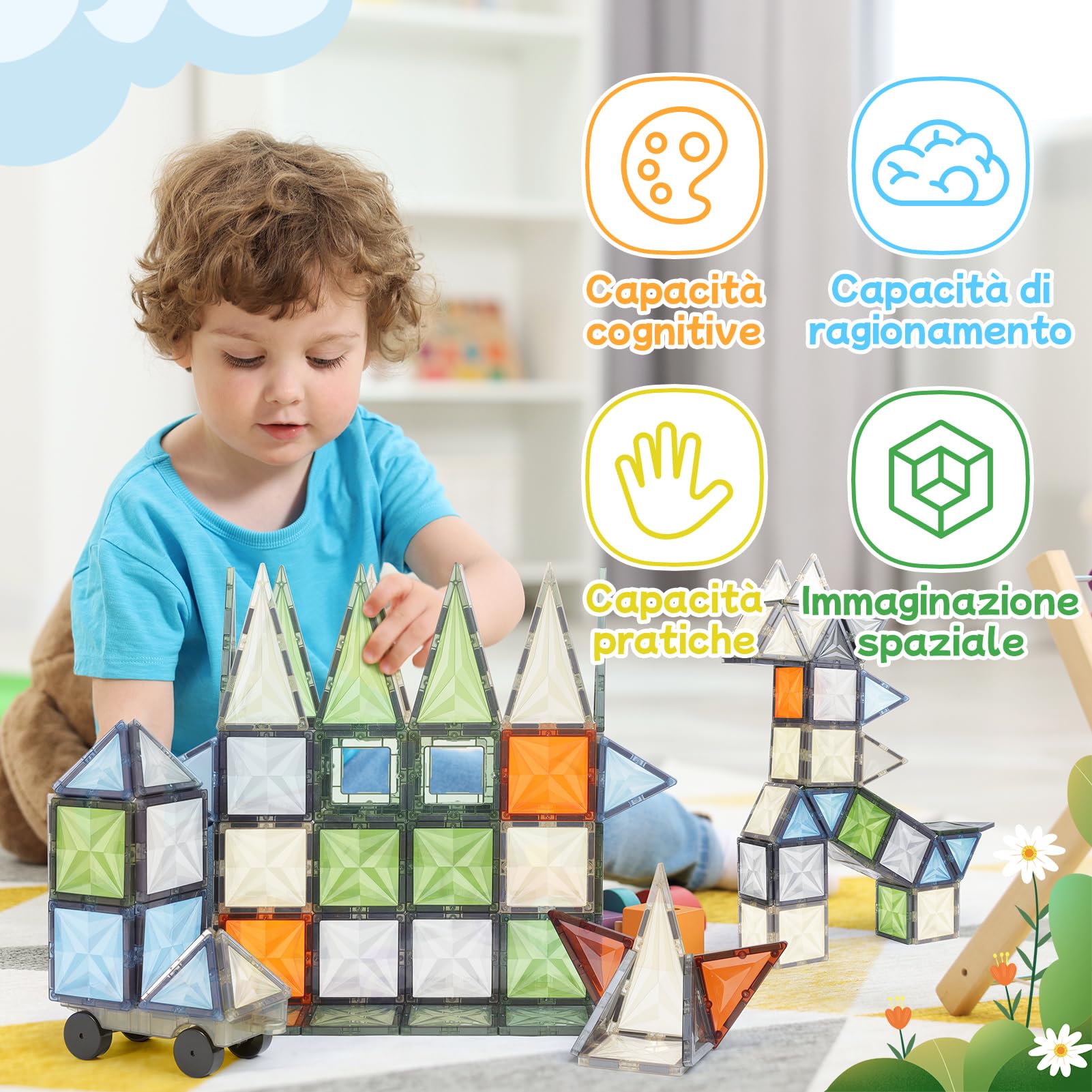 100 Pz di Magnetic Building Tiles, Set di Blocchi Magnetici in Colori Naturali con Veicoli Magnetici, Giochi Educativi per Regalo di Compleanno per Bambini dai 36 Mesi in su