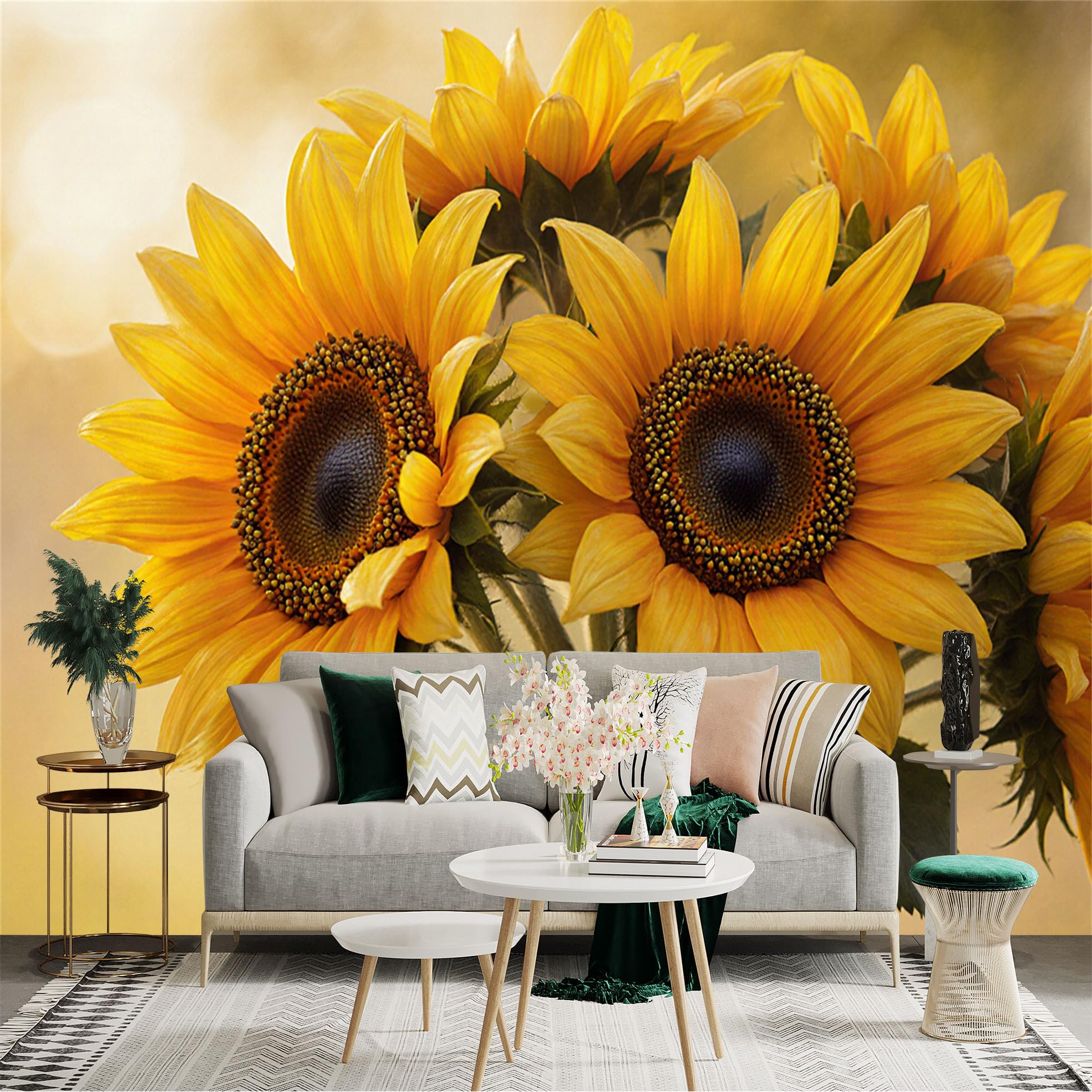 Custom Size Wall Sticker Mural， Bright Yellow Sunflowers in Glass Vase， Rustic Floral Arrangement， Summer Nature Decor， for wall Decoration， peelandstick wall Decals.