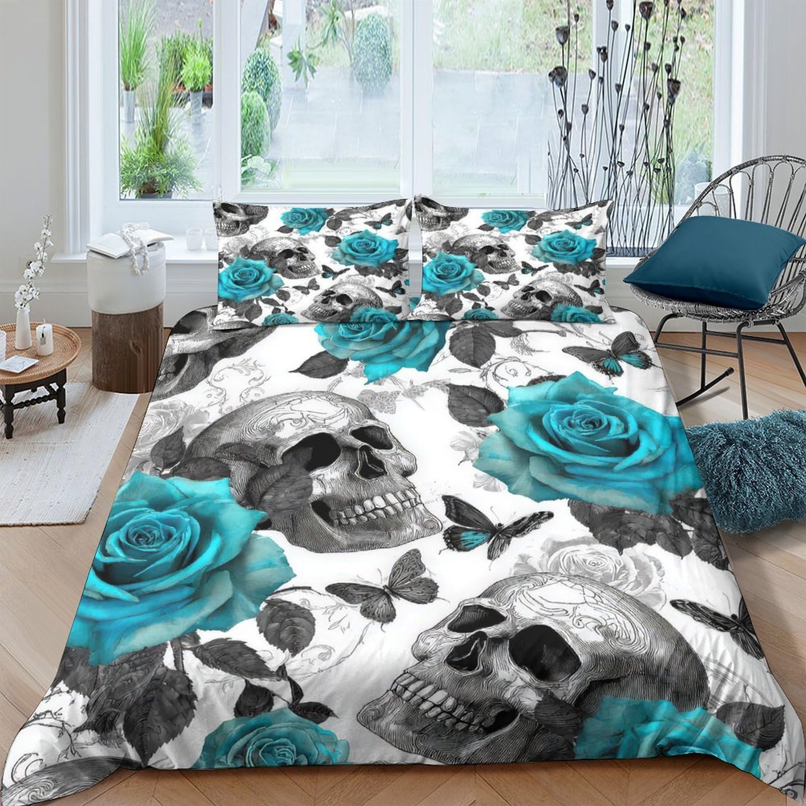 P5V6M1Q9 3D Printed Skull Rose Duvet Cover Microfiber Soft Breathable Butterfly Bedding Set with 2 Pillowcases for Bedroom Decor Single（135x200cm）