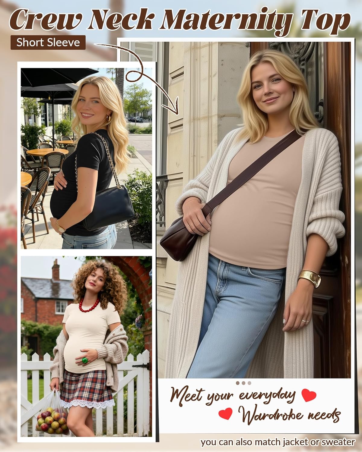 Huukeay 4 Pack Women's Maternity Shirts, Crew Neck Maternity Top Short Sleeve Casual Cotton Tee Side Ruched Pregnancy Clothes - Image 3