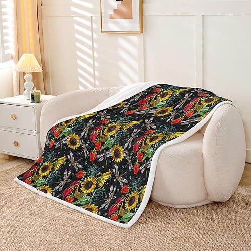 Miniatura 3 de Sunflower Throw Blanket,Dragonfly Animals Fleece Blanket for Bedroom Decor,Rustic Strawberry Fruit Flowers Super Soft Blankets for Sofa Couch for