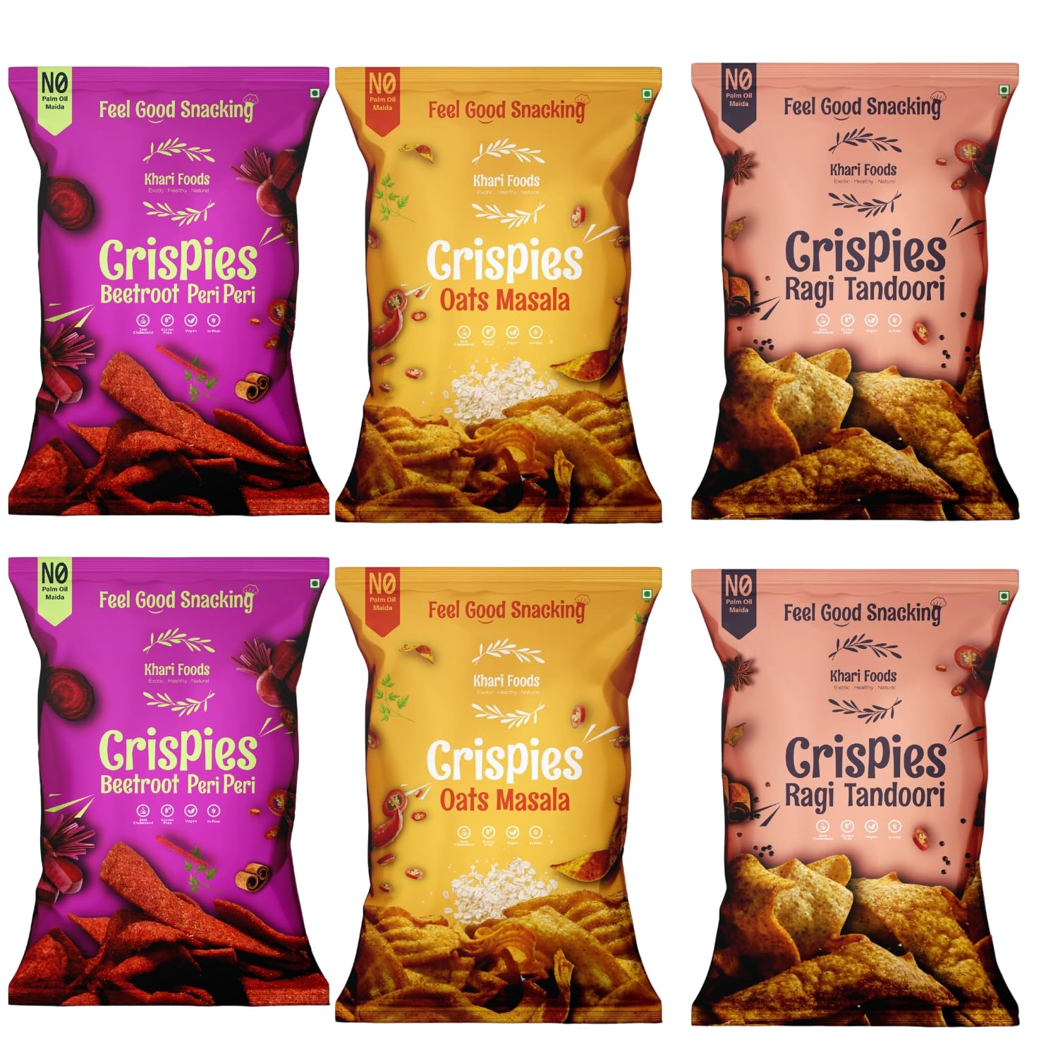 Khari Foods Healhty Crispies Combo, Tandoori Ragi, Peri Peri Beetroot, Masala Oats Chips, No Palm Oil, No Maida, Millet Goodness, Fibre Rich, Zero Cholestrol, Gluten Free Vegan Snacks (50g x 6 Combo)
