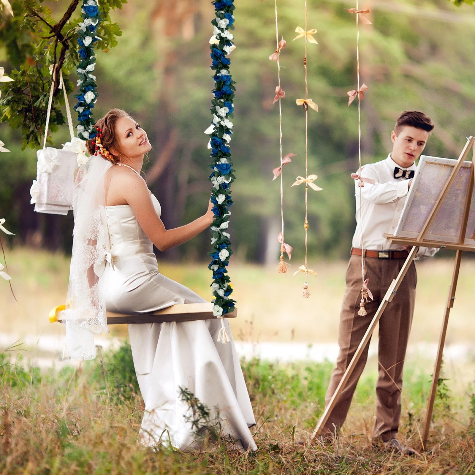 Blau-weiße Rosengirlande, künstliche Ranken, künstliche Ranken, hängende Girlande für Party, Hochzeit, Garten, Zimmertisch, Weihnachten, Hintergrund, Wandbogen, Dekoration, 8 Stück