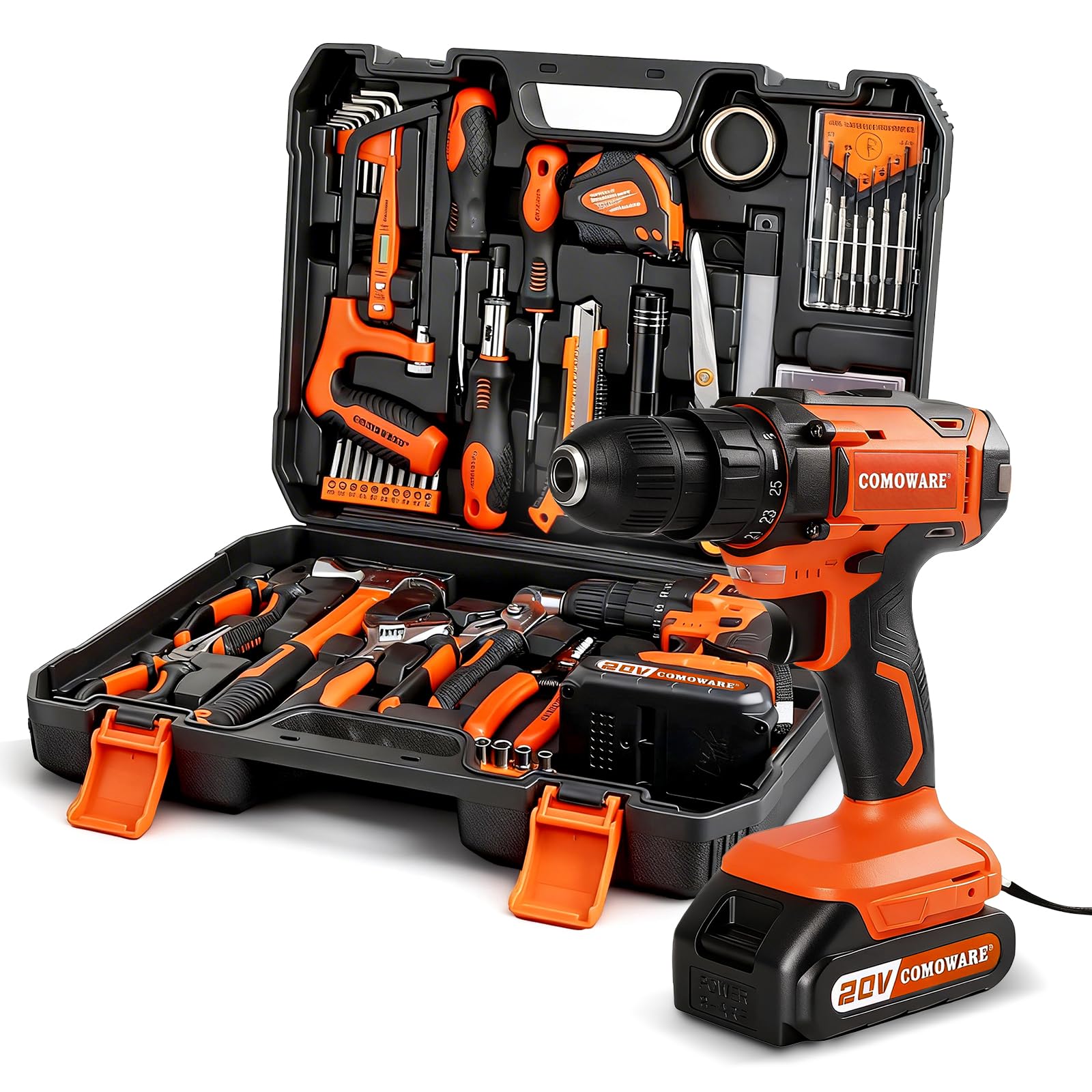 COMOWARE Household Tool Set with 20V Cordless Drill Driver, 120Pcs Hand Tool Kit for Men, Power Drill Set with Plastic Toolbox, Ideal for Office, Garden, DIY Project
