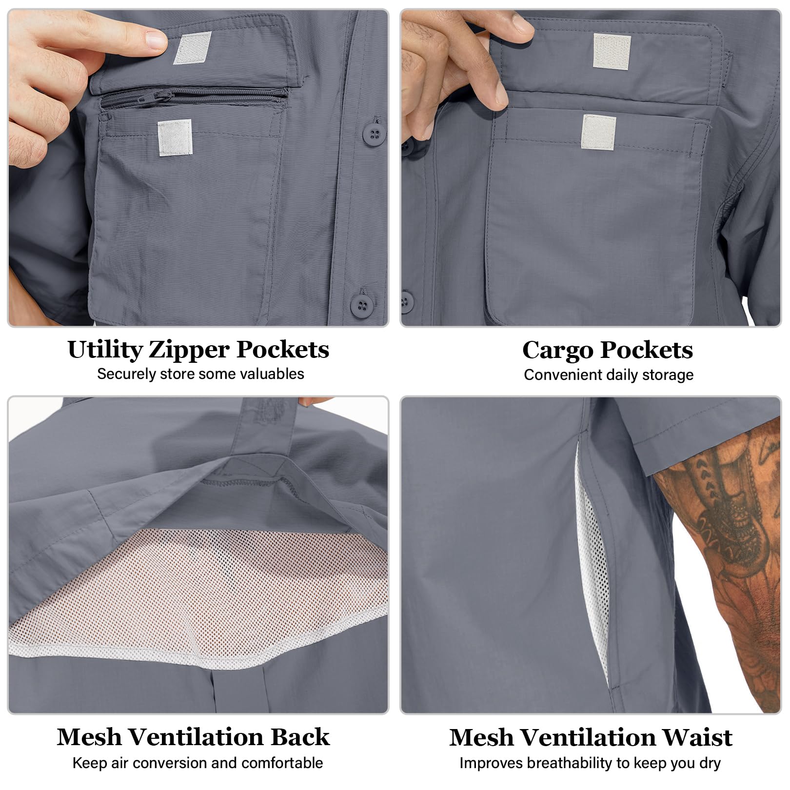 Hemd Herren Kurzarm Safari UPF50+ UV Schutz Wanderhemd Funktionshemd Atmungsaktiv Schnelltrocknend Outdoorhemd Casual Button Down Shirts