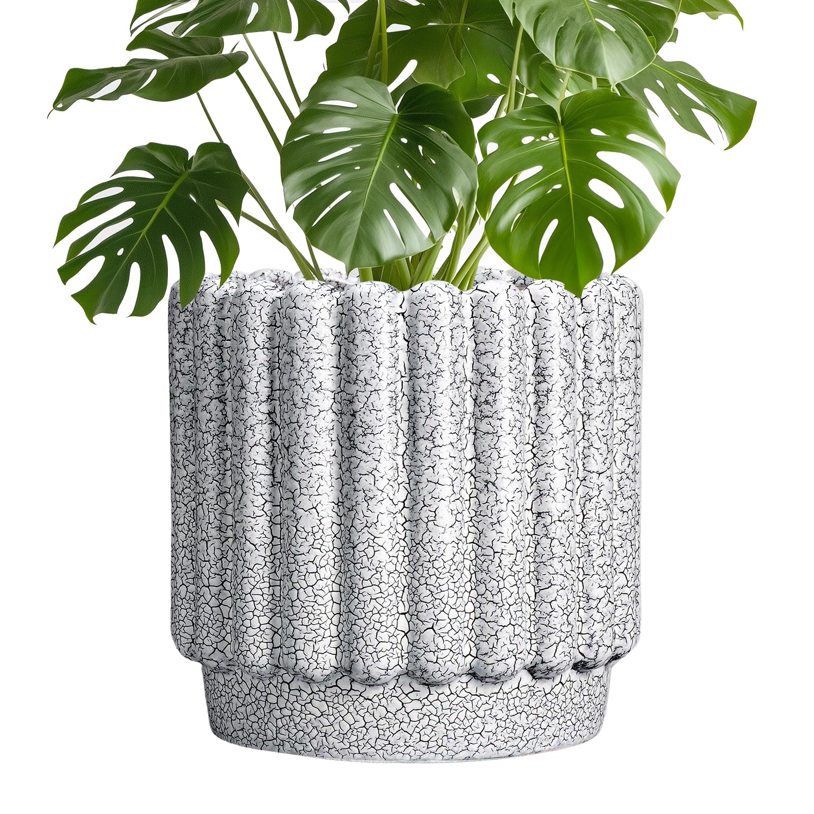Ceramic Flower Pots - 9.6 Inch Indoor Planter, Decorative Ceramic Plant Pots with Drainage Hole, Fluted Round Large Planter Outdoor, Living Room Decor, Gifts for Women Men, Black and White