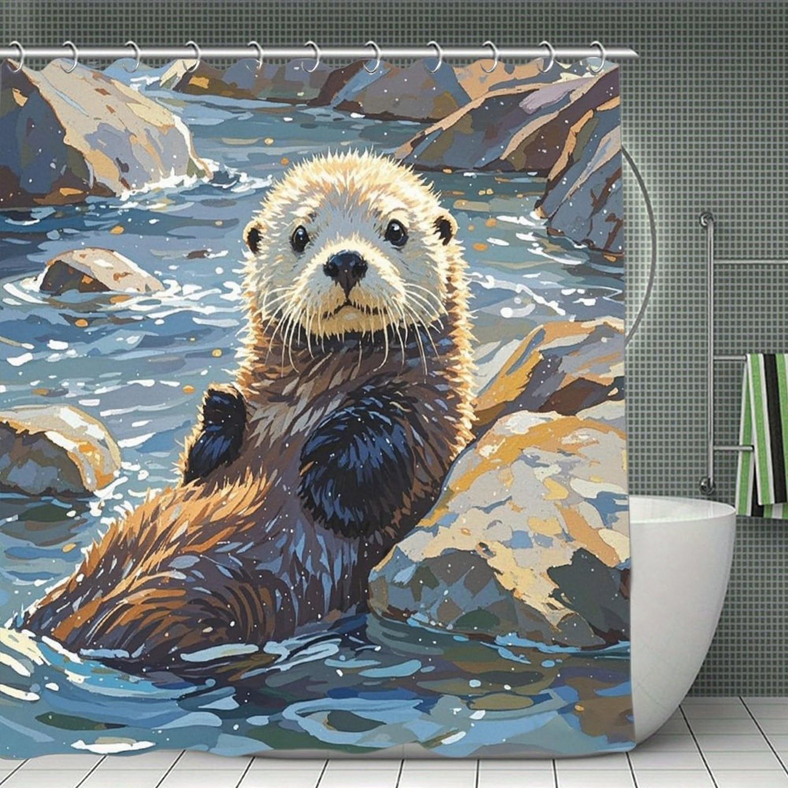 FekiLoot Sea Otters Painting Shower Curtain Minimalist Thick Bathroom Curtain Washable Modern Bathroom Shower Curtain Heavy Duty Waterproof Cloth Bath Curtain with Hooks 70.8"x70.8"