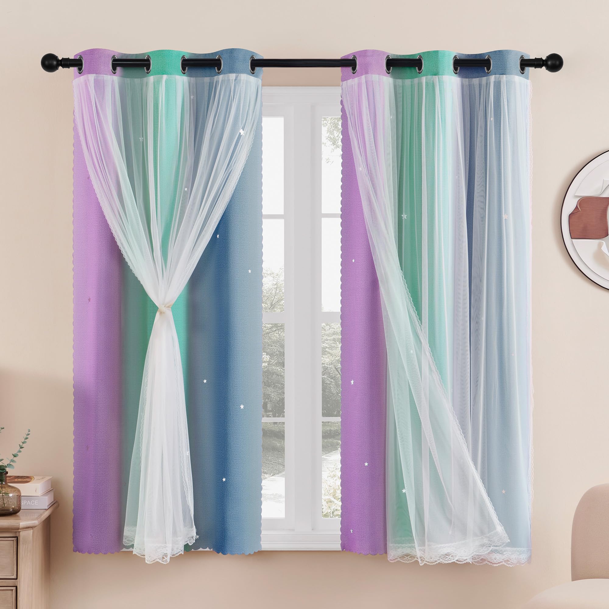 XiDi Cortinas Opacas - Cortinas Recortadas de Estrellas para Dormitorio Guardería Niñas Sala de Estar Niños Cortina Arcoíris con Ojal Ventanas