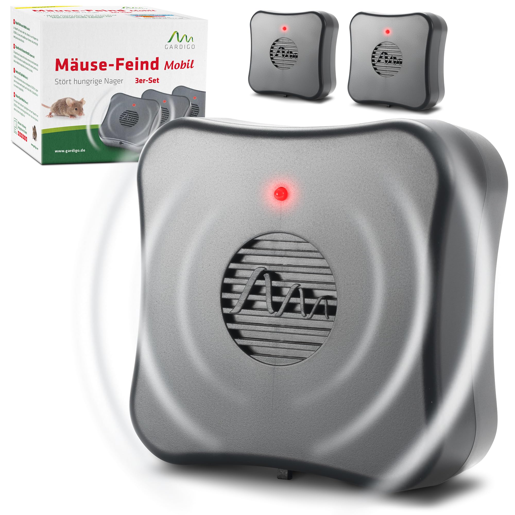 Gardigo® Répulsif Ultrason Anti-Souris et Rats Lot de 3 – Dispositif Mobile à Piles sans Produits Chimiques – Portée 40 m² – Anti Rongeur Écologique pour Cave, Grenier, Garage, Entrepôt, Jardin