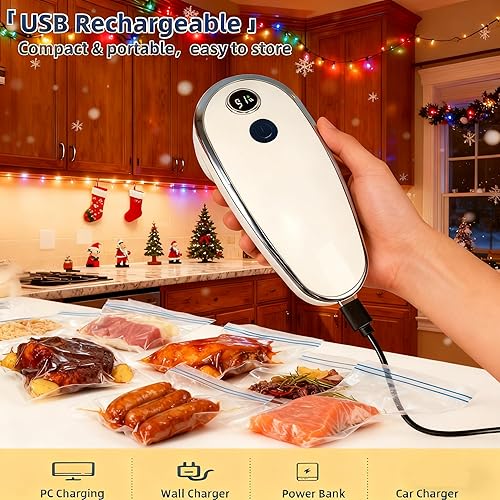 Miniatura 9 de Sellador al vacío de mano para alimentos, máquina selladora al vacío compacta inalámbrica con pantalla LED, sellado rápido, potente y de bajo ruido